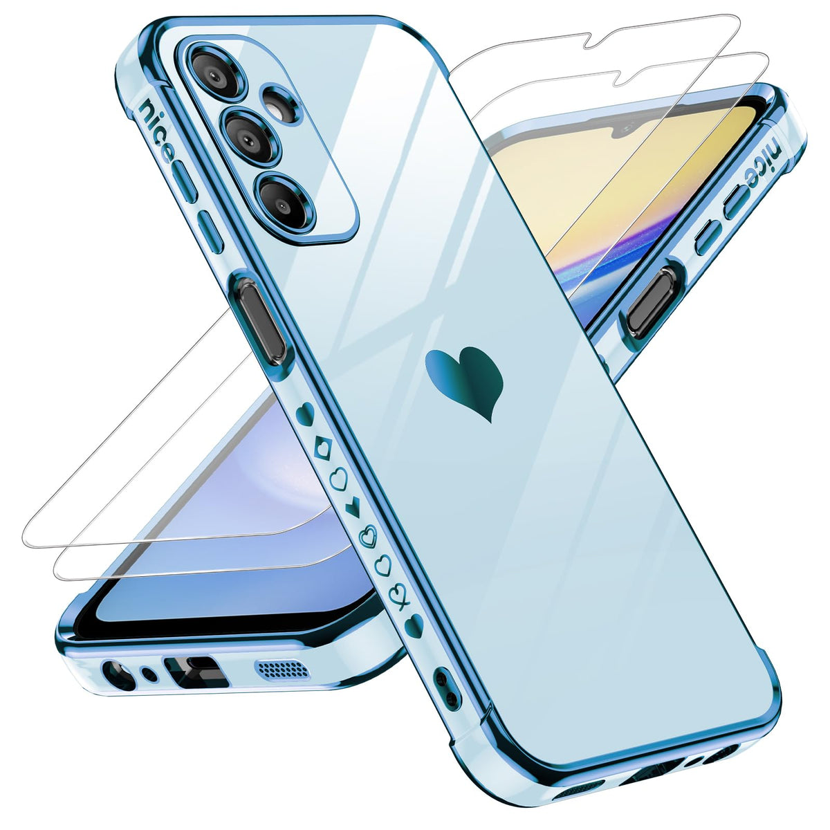 Leyi For Samsung Galaxy A15 5G Case: With Tempered Glass Screen Protector [2 Pcs]+ Full Camera Lens Protection, Love Heart Plati