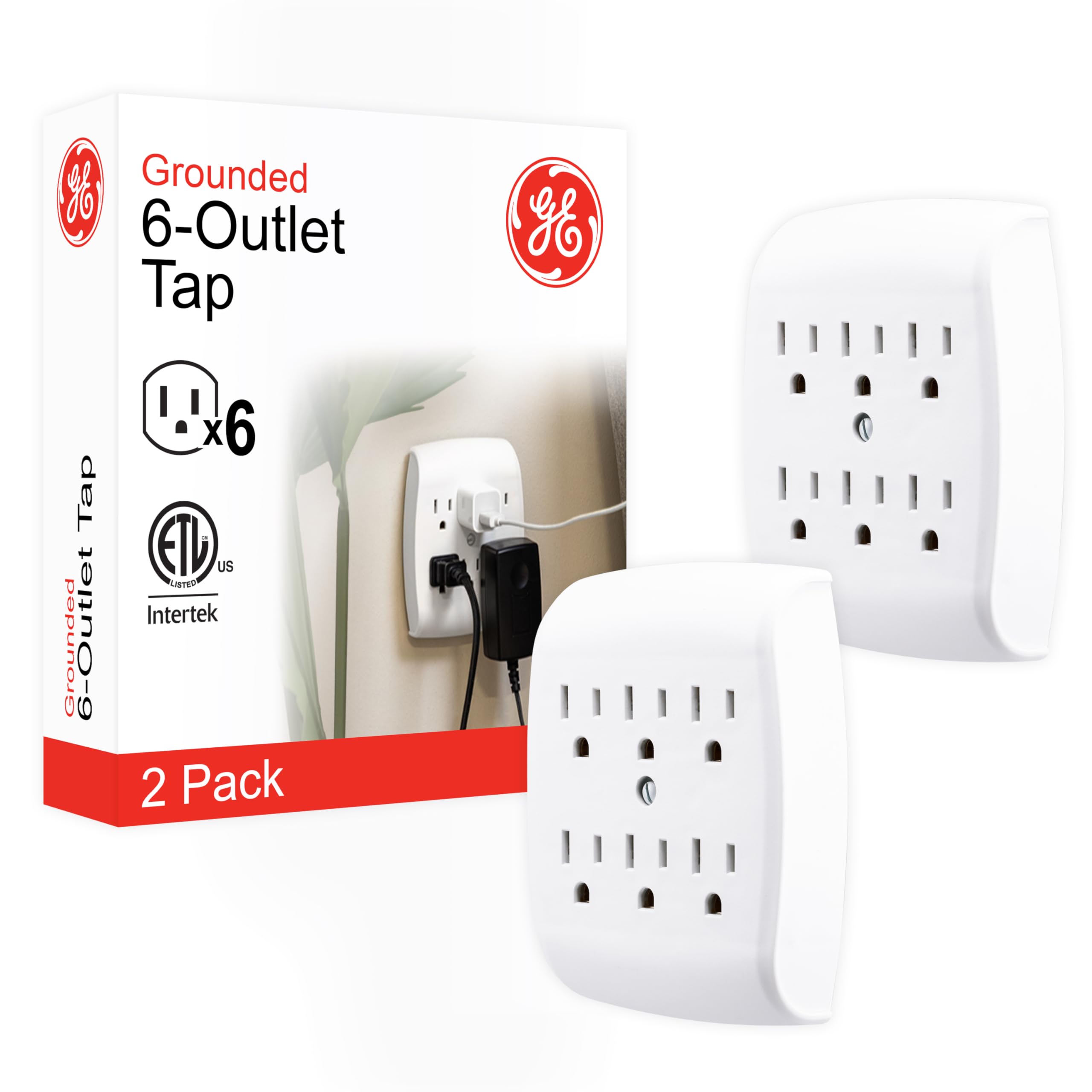 Ge 6 Outlet Extender Wall Tap, 2 Pack, Grounded Adapter, Charging Station, 3 Prong, Secure Install, Ul Listed, White, 46852