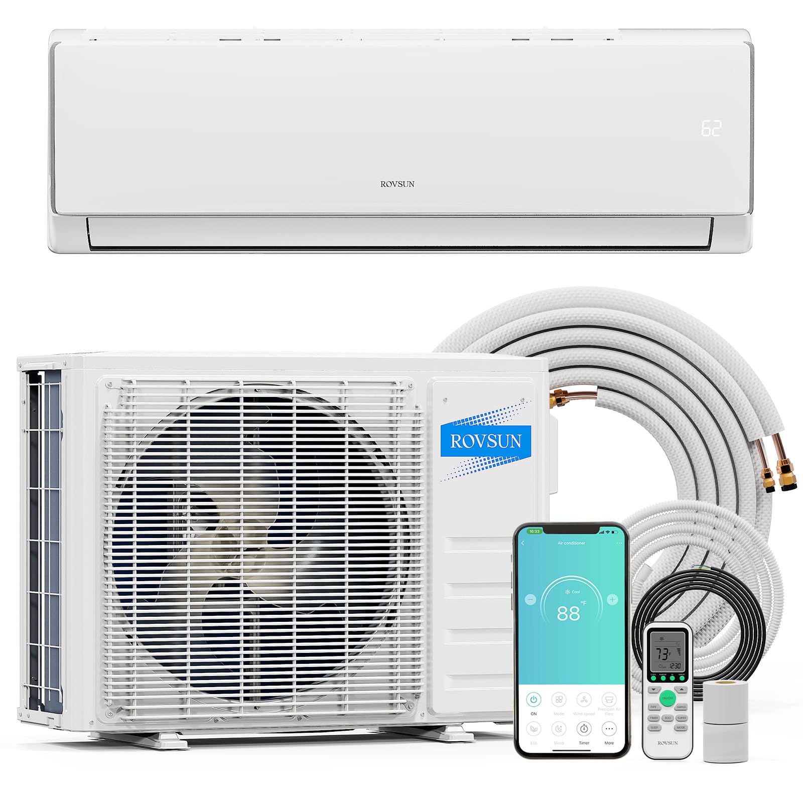 Rovsun 16500 Btu Wifi Enabled Mini Split Air Conditioner & Heater, 17 Seer2 230V Inverter Ductless Wall Ac Unit With Pre Charged