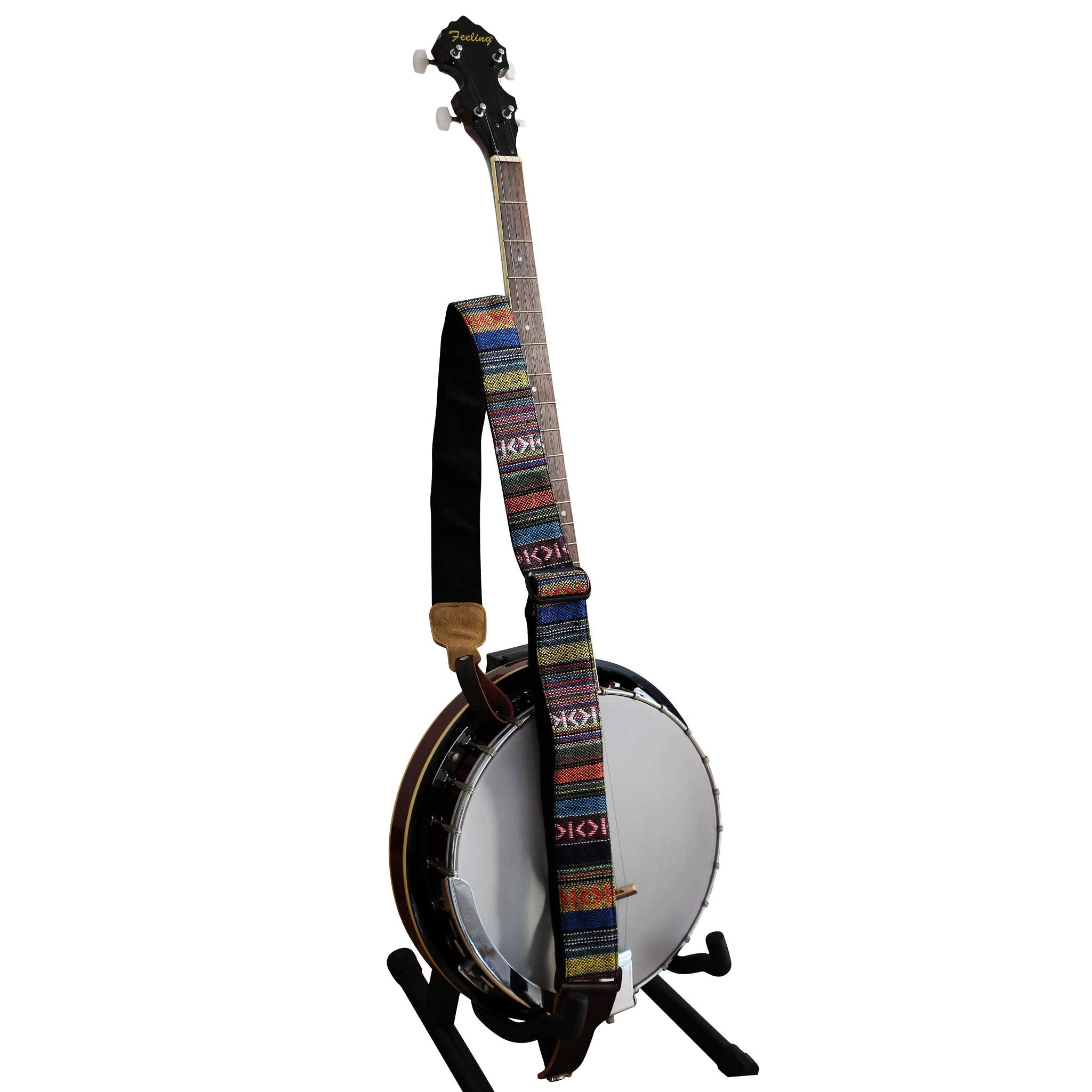 Music First Original Design, 2 Inch Width (5Cm), Classic Country Style Yarn Dyed Fabric & Genuine Leather Delux Banjo Strap, Wit