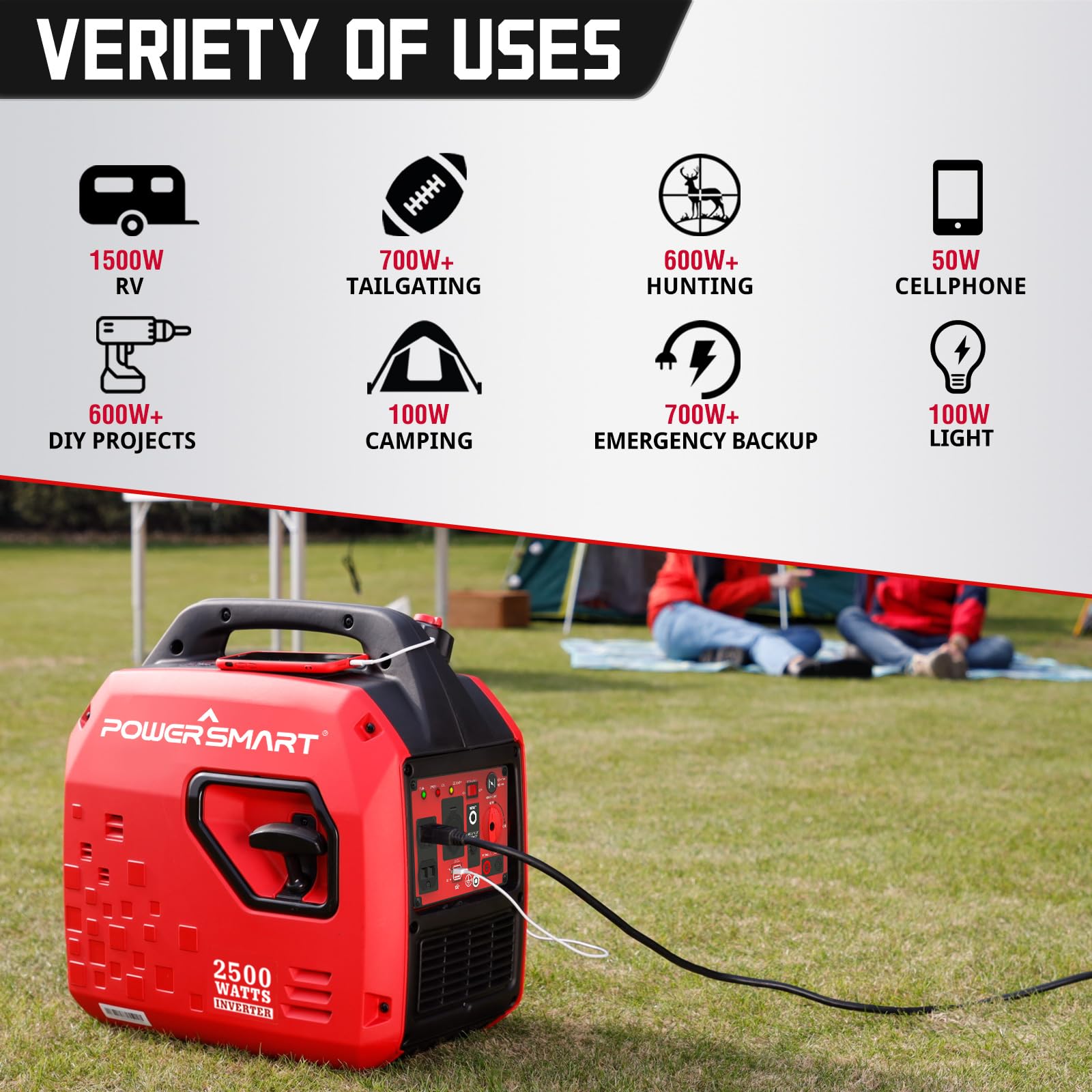 Powersmart 2500 Watt Gas Powered Portable Inverter Generator, Super Quiet For Camping, Tailgating, Home Emergency Use, Carb Comp