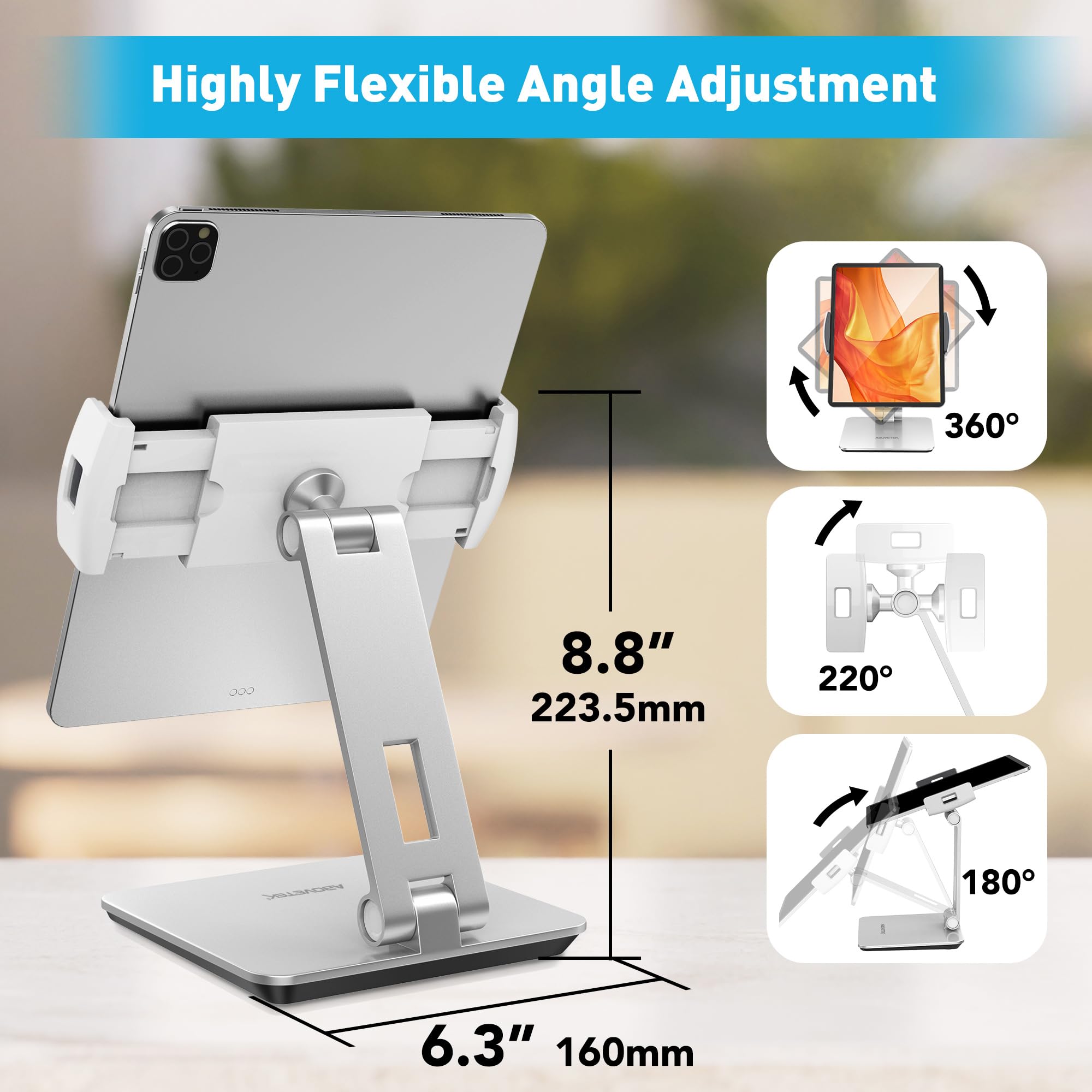 AboveTEK Business Kiosk Aluminum Tablet iPad Stand, 360� Swivel Tablet & Phone Holders for Any 4' 15.6' Display Tablets/Cell Phones/Portable Monitor, Sturdy for Store POS Office (Silver)