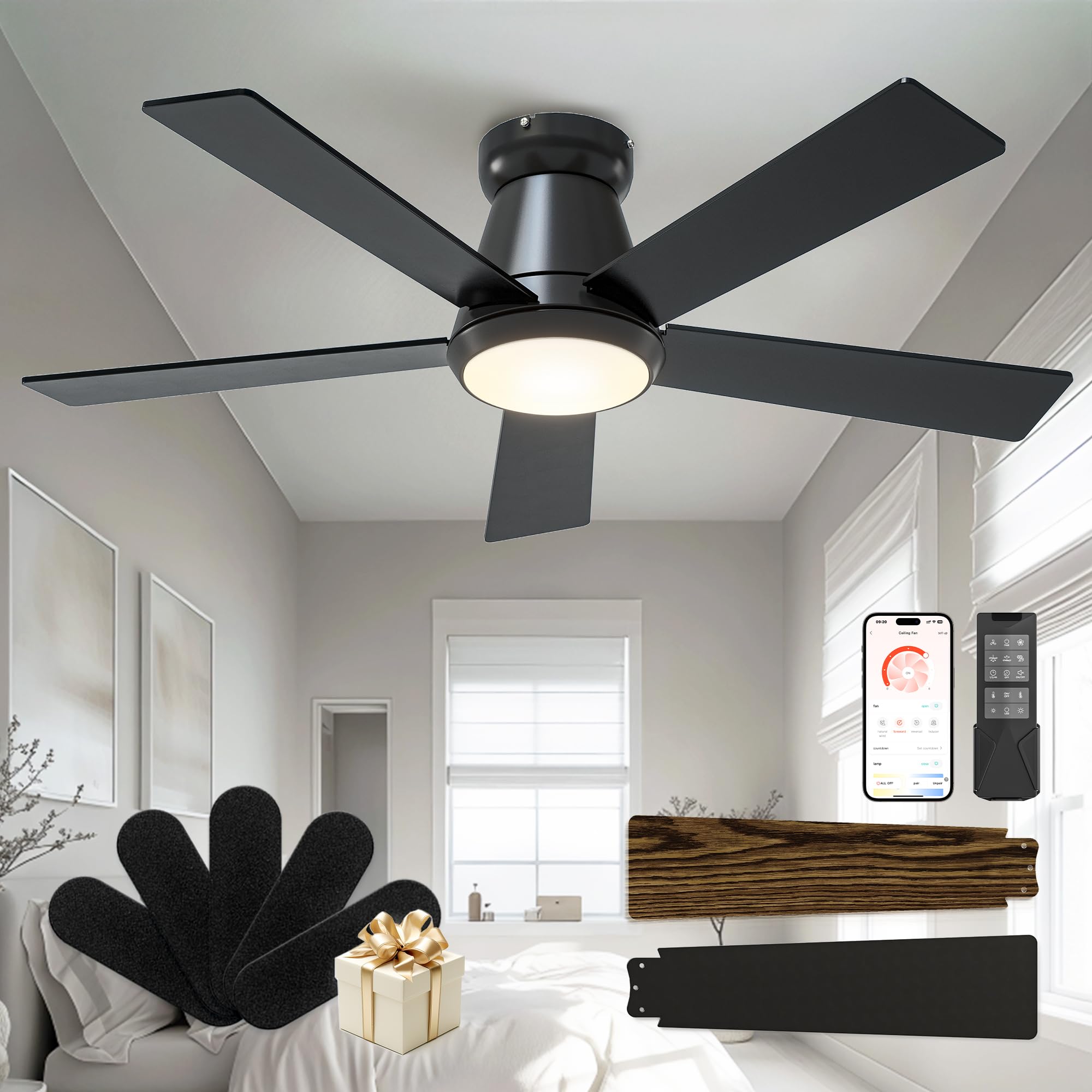 CubiCubi Ceiling Fans with Lights, 42 Inch Low Profile Ceiling Fan with Light and Remote/APP Control, Flush Mount, Stepless Dimm