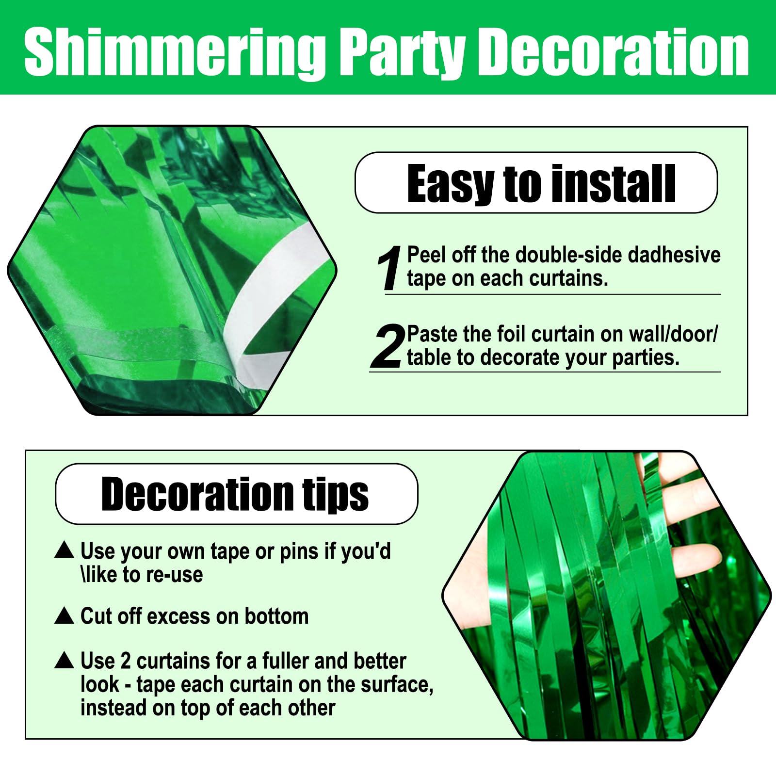 6 Pack Green Foil Fringe Curtain Backdrop, 3.28Ft X 6.6Ft Metallic Tinsel Foil Fringe Streamer Curtains For Photo Booth, Christm