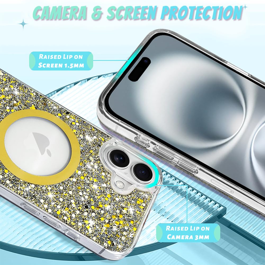 Bonoma For Iphone 16 Plus Case, Gold Glitter Bling Back, Magnetic Support For Magsafe Shockproof Case, Crystal And Clear High Du