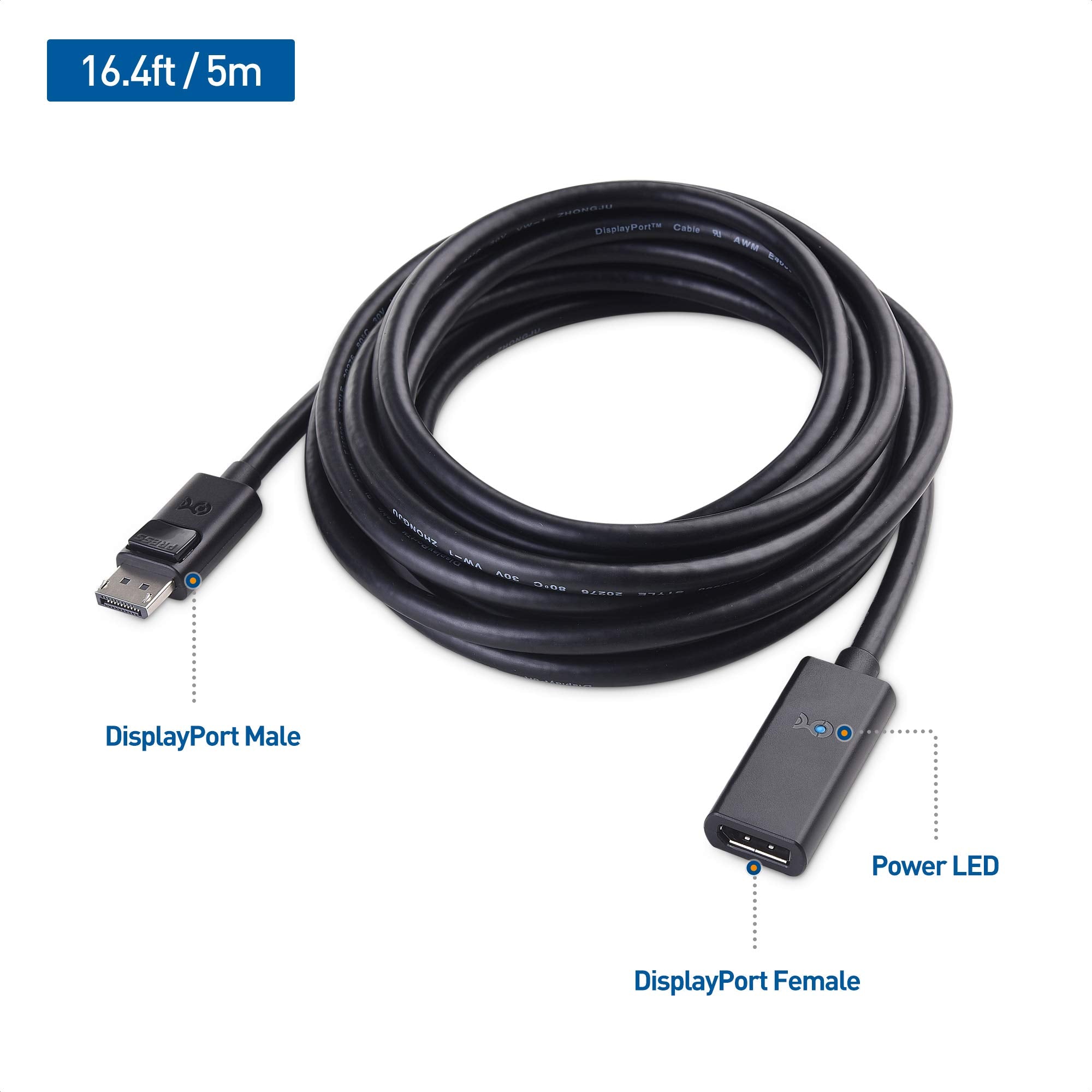 Cable Matters Unidirectional 32.4Gbps Active DisplayPort Extension Cable Gender Changer 16 ft / 5m, Support DisplayPort 1.4 with 8K 60Hz and HDR, for Oculus Rift S, HTC Vive Pro, Gaming Monitors