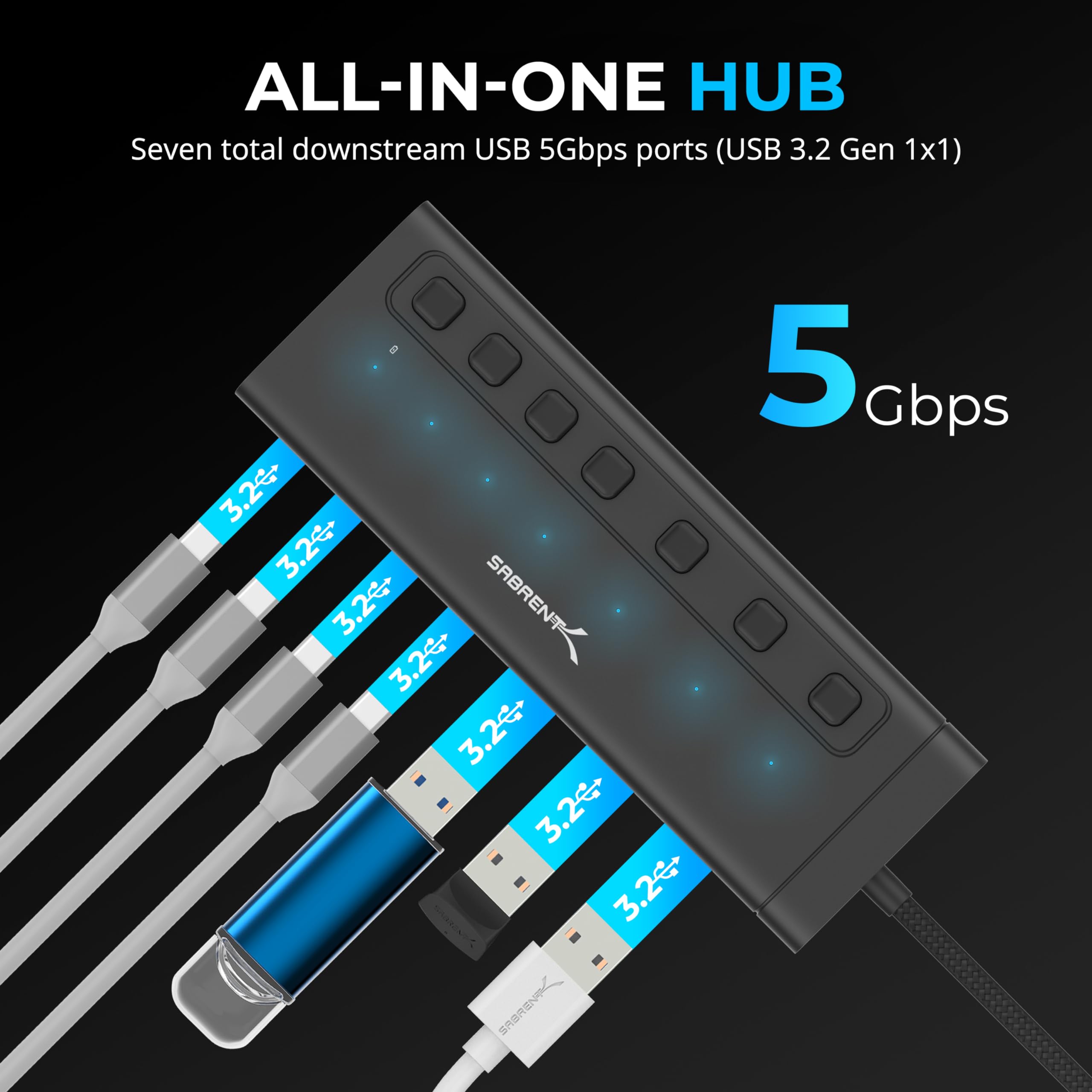 Sabrent Usb C Hub 7-Port 48W Powered Hub With Switches (Hb-3A4C)
