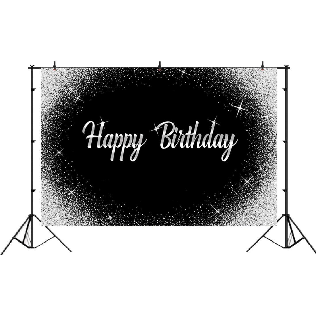 Happy Birthday Backdrop Glitter Silver Dots And Black Photography Background 5X3Ft Birthday Party Decorations Banner For Any Age