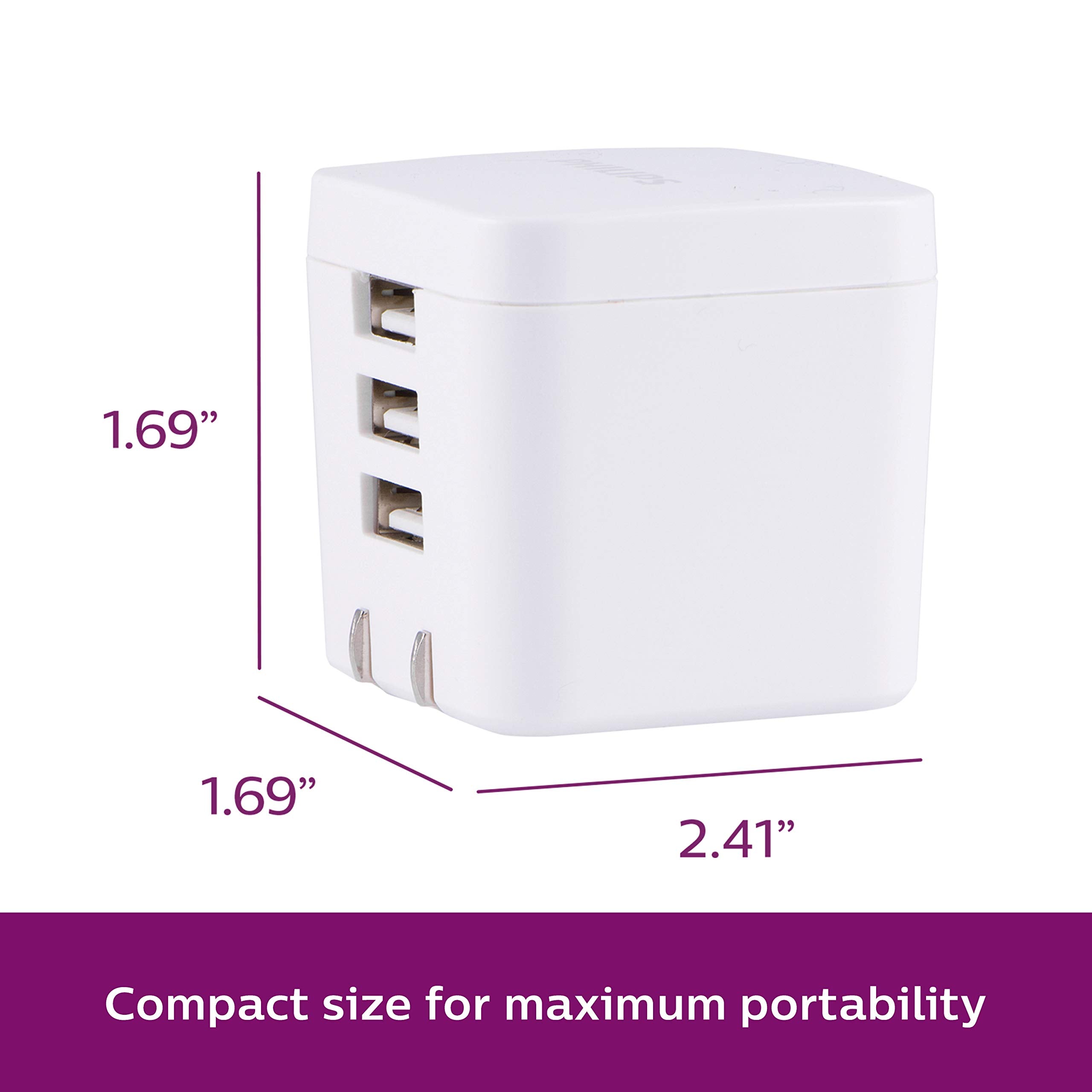 Philips 17W Usb Wall Charger, 3 Ports, For Iphone Xs/Xr/X/8, Ipad Pro/Air/Mini, Samsung Galaxy S10/S9/Plus, Google Pixel C/3/2/X