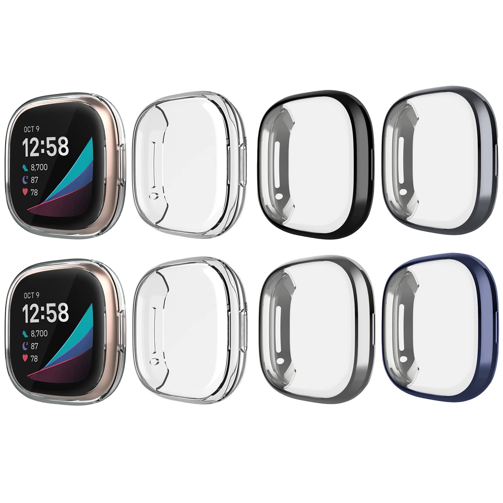 Ghijkl 8 Pack Case Compatible With Fitbit Versa 3 / Sense Screen Protector, Ultra Slim Tpu Plated Cover Anti Scratch Shockproof