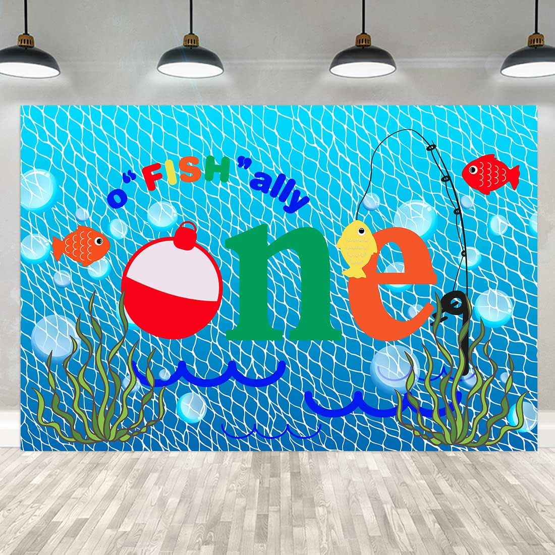 Gone Fishing 1st Birthday Party Photography Backdrop, 7X5FT, O Fish Ally Blue Fishing Nets Bubbles Background, Photo Booth Studi