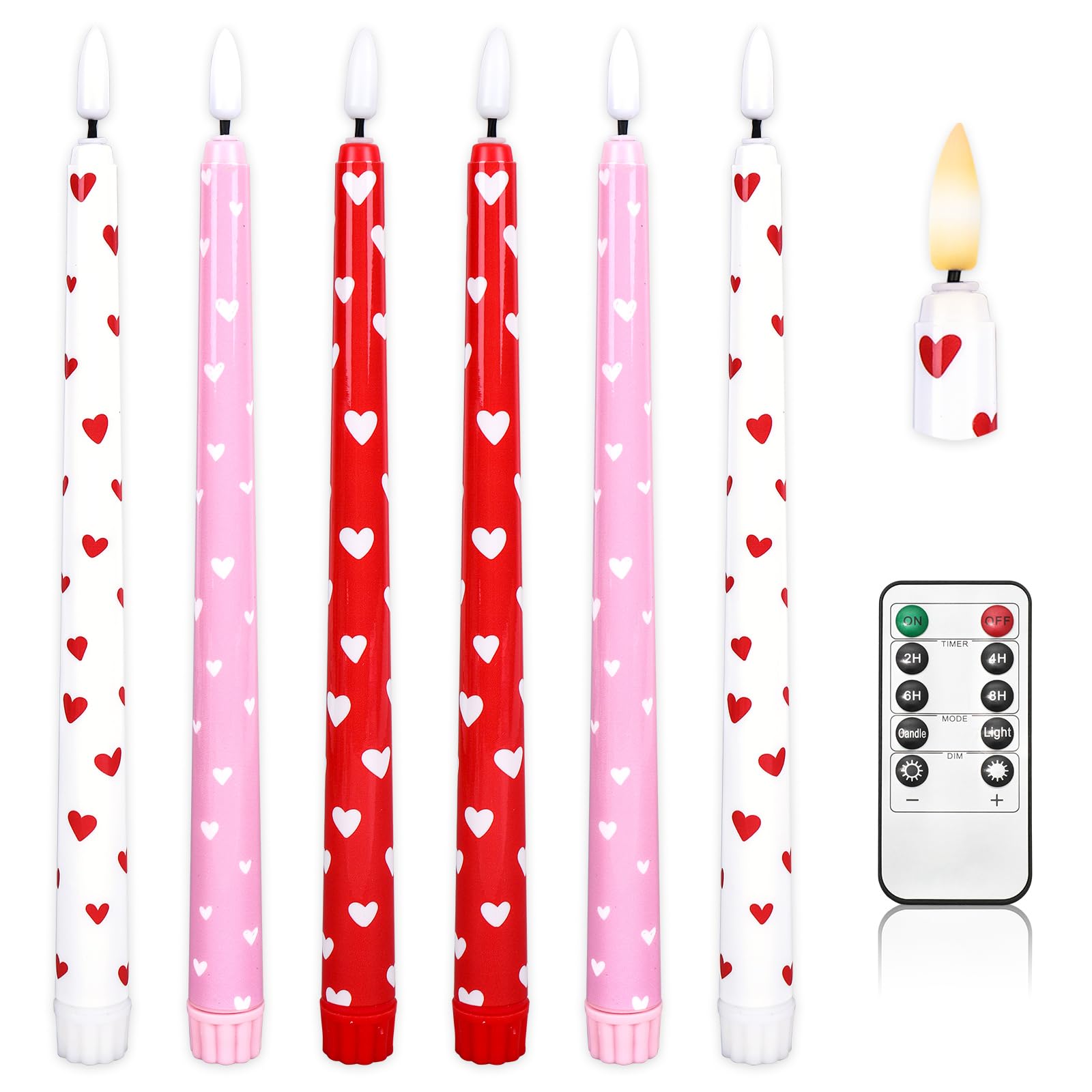 Whaline 6Pcs Valentine s Day LED Flameless Candles Pink Red White Heart Battery Operated Taper Candles with Remote for Wedding 