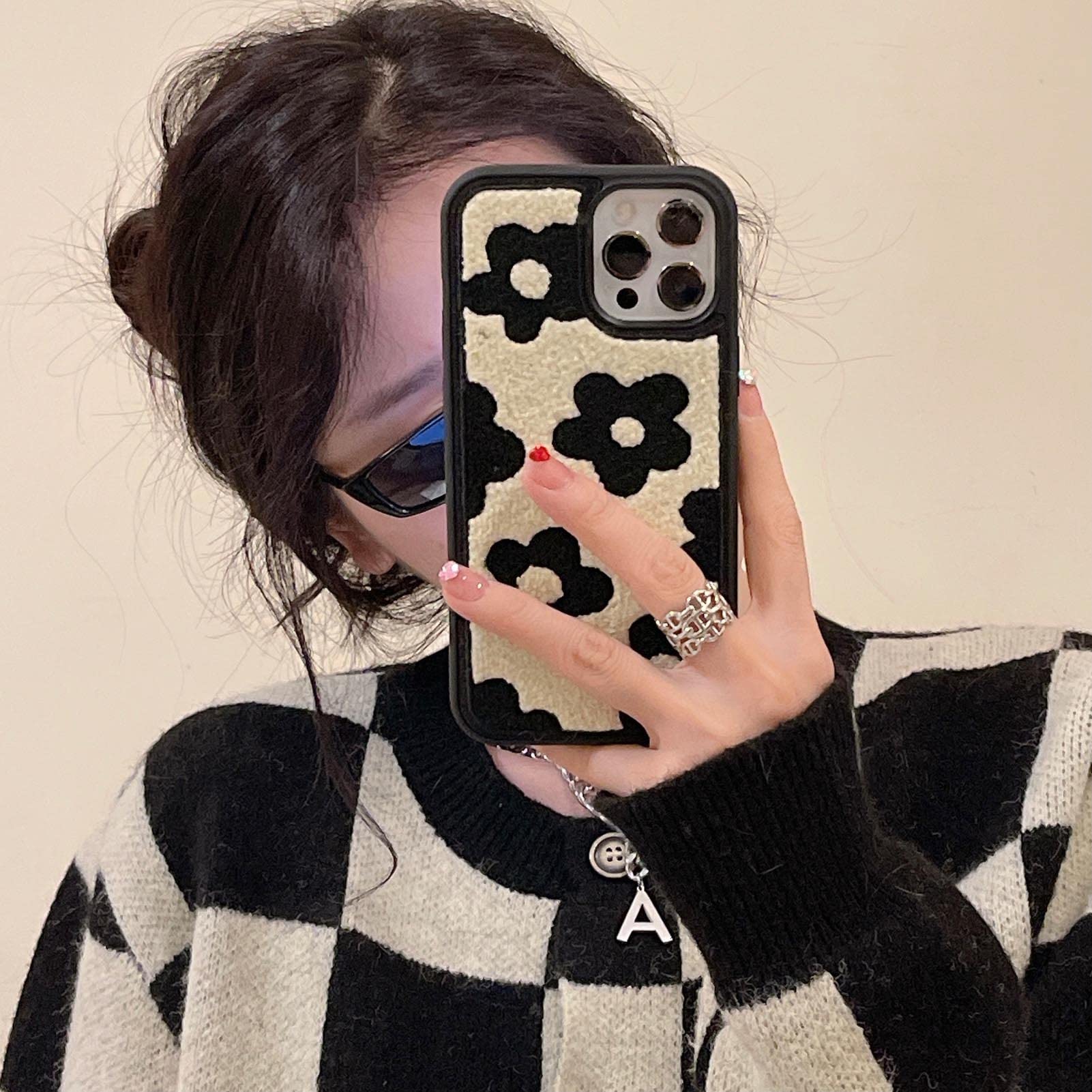 Tewwsdi iPhone 13 Pro Max Retro Warm Fur Fluffy Phone Case TPU Terry Velvet Small Black Flower