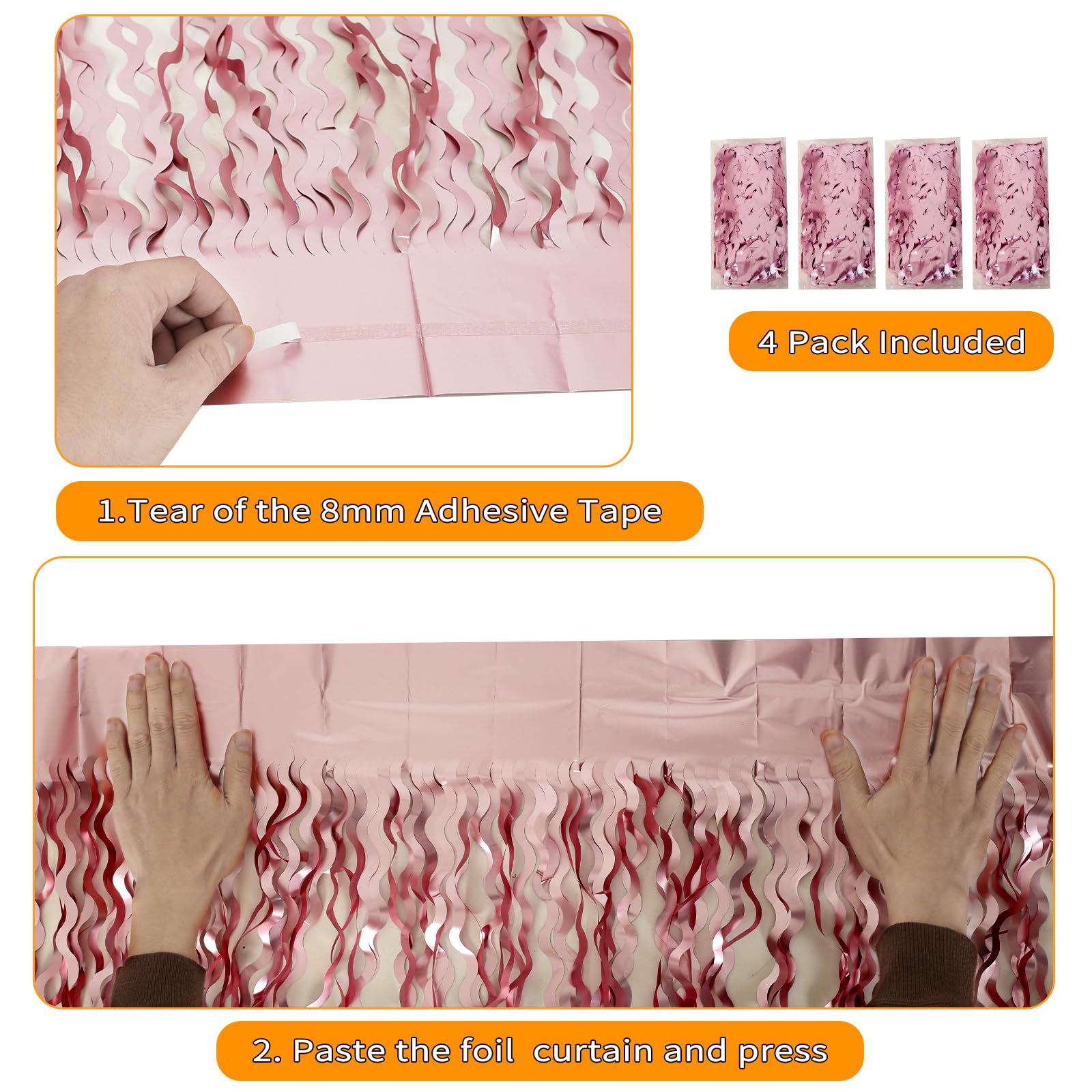 4 Pack 3.3X6.6Ft Pink Tinsel Curtain Party Backdrop   Wavy Foil Fringe Curtain Party Streamers For Girl Princess Bachelorette Di