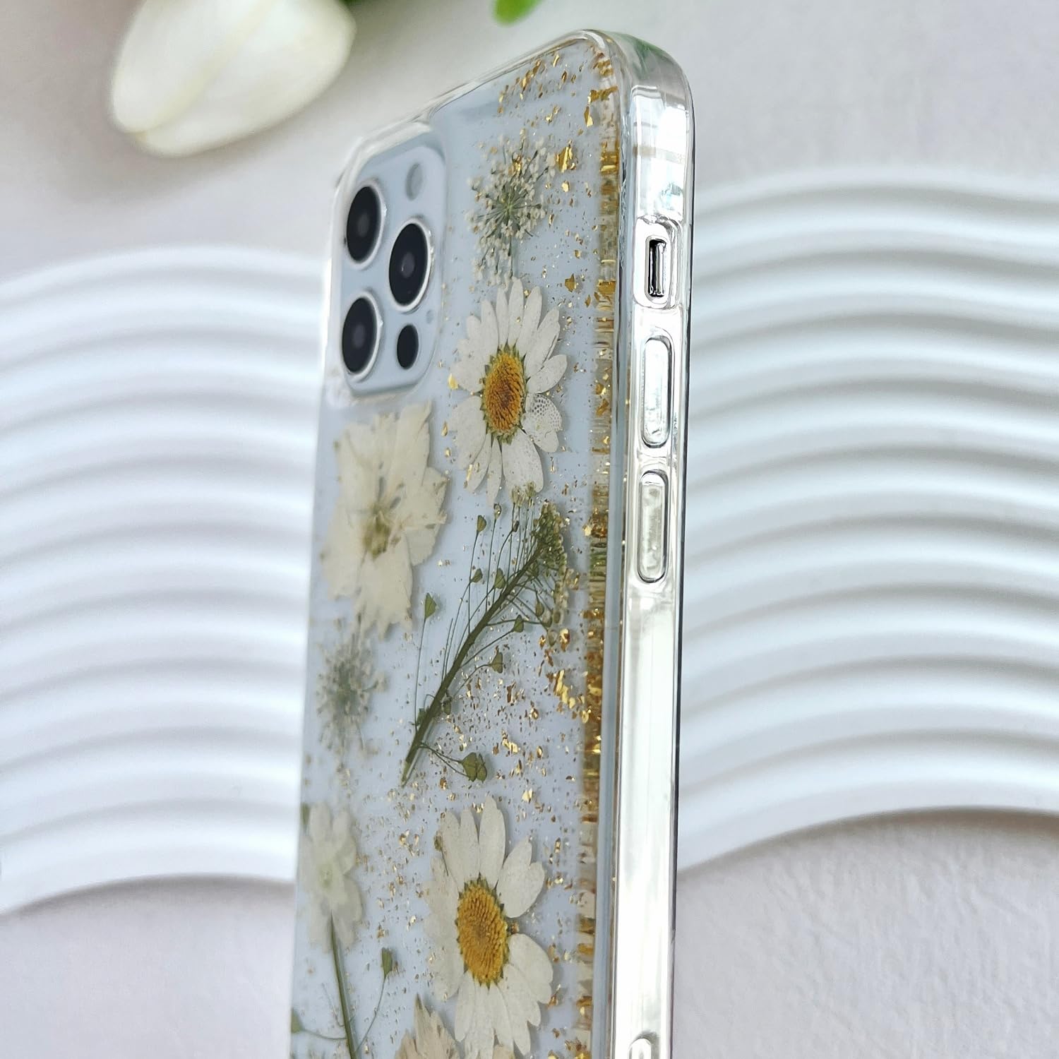 Lseeka For Iphone 12 Pro Max Clear Case With Pressed Real Flowers Design,Glitter Cute White Floral Pattern Slim Soft Tpu Protect
