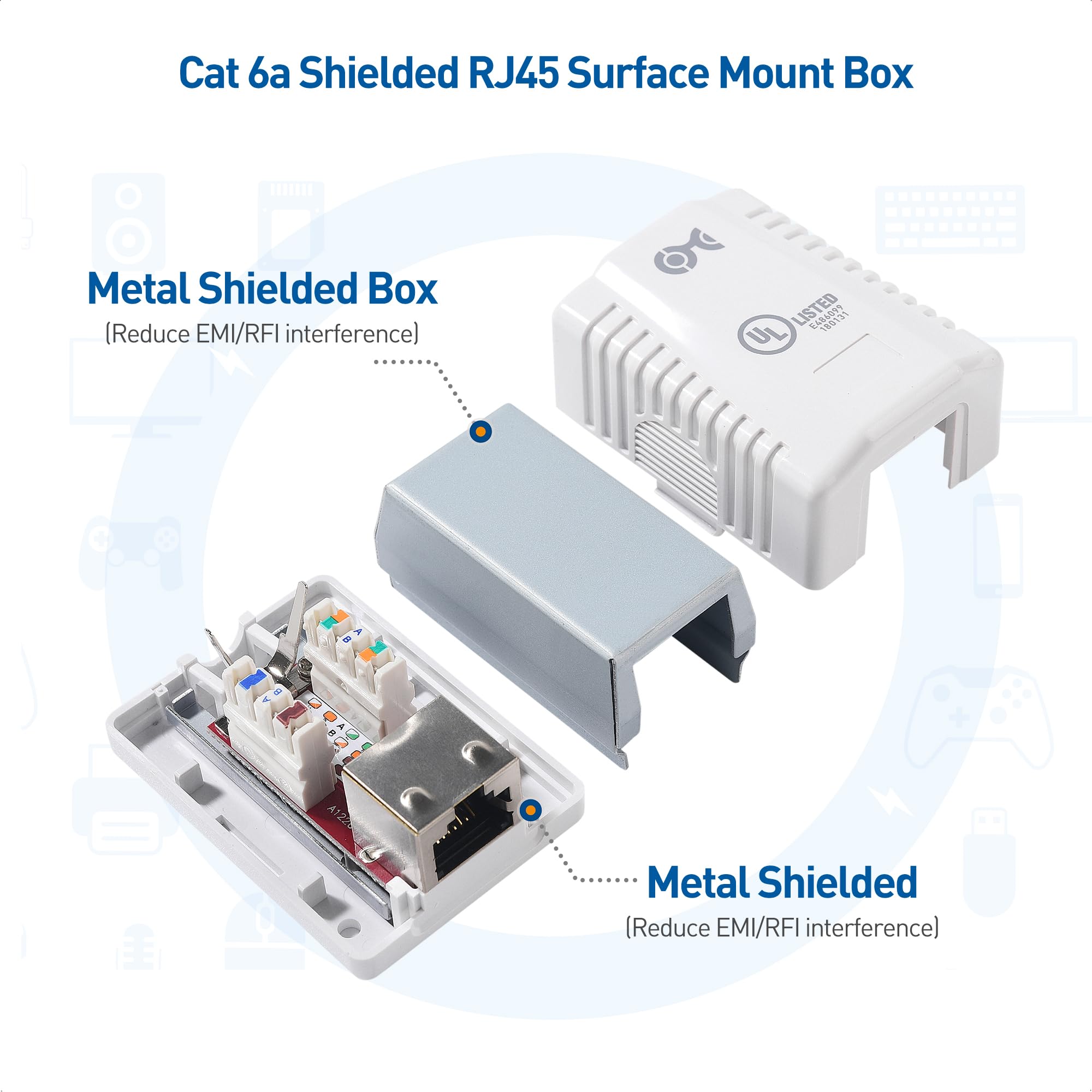 [UL Listed] Cable Matters 5 Pack Shielded Cat6A Surface Mount Box (Shielded Ethernet Surface Mount Box, Shielded Cat6 Wall Mount Box) in White