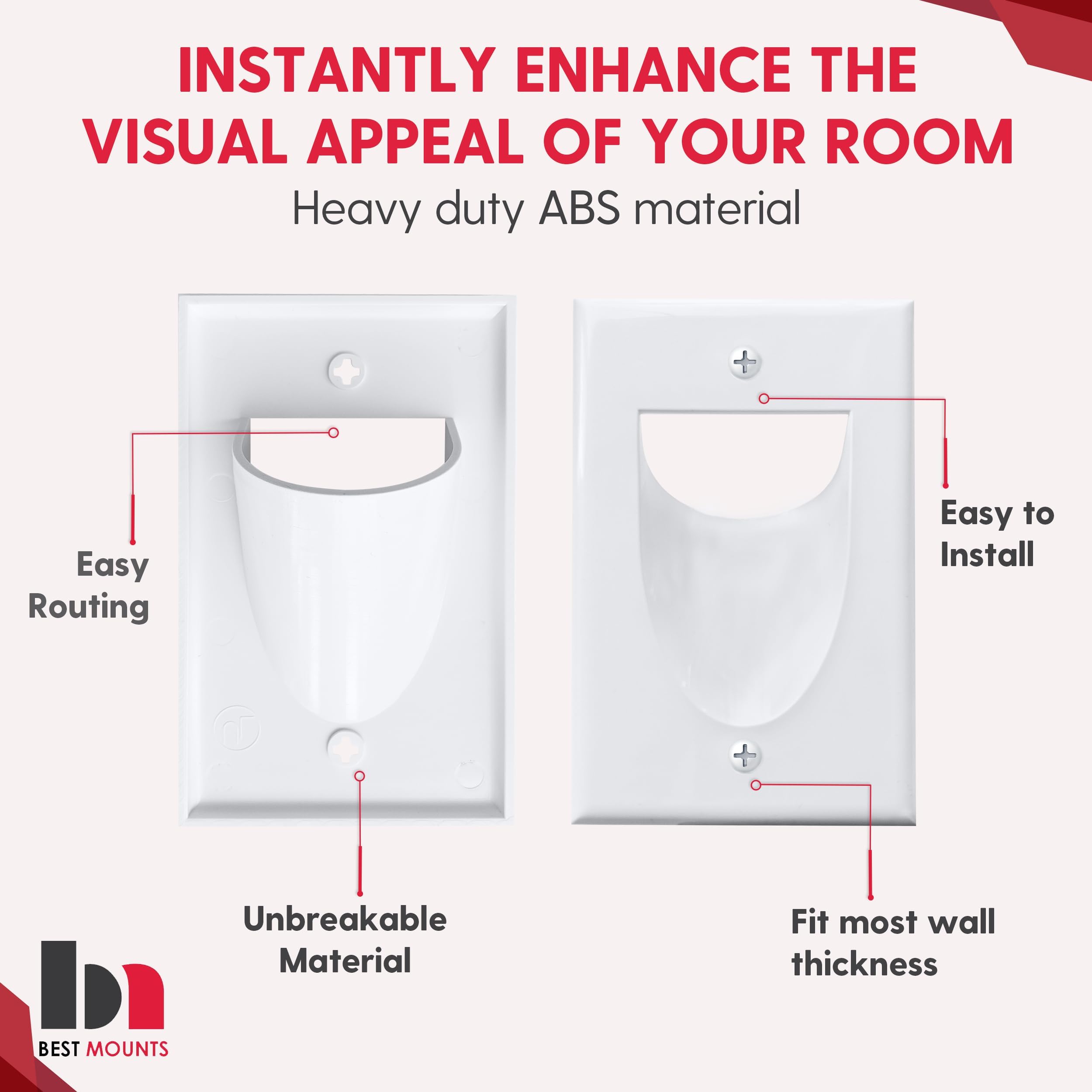 Bestmounts   1 Pack In Wall Cable Management Kit   Recessed Wall Plate Cable Pass Through Pair With Single Gang Low Voltage Moun
