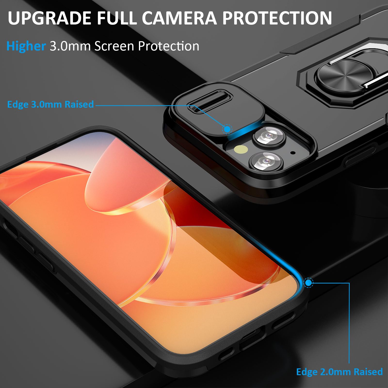 Sefing Case For Iphone 15 Phone Case Iphone 15 Case With Slide Camera Cover, With Finger Ring Holder Stand, Fit Magnetic Car Mou