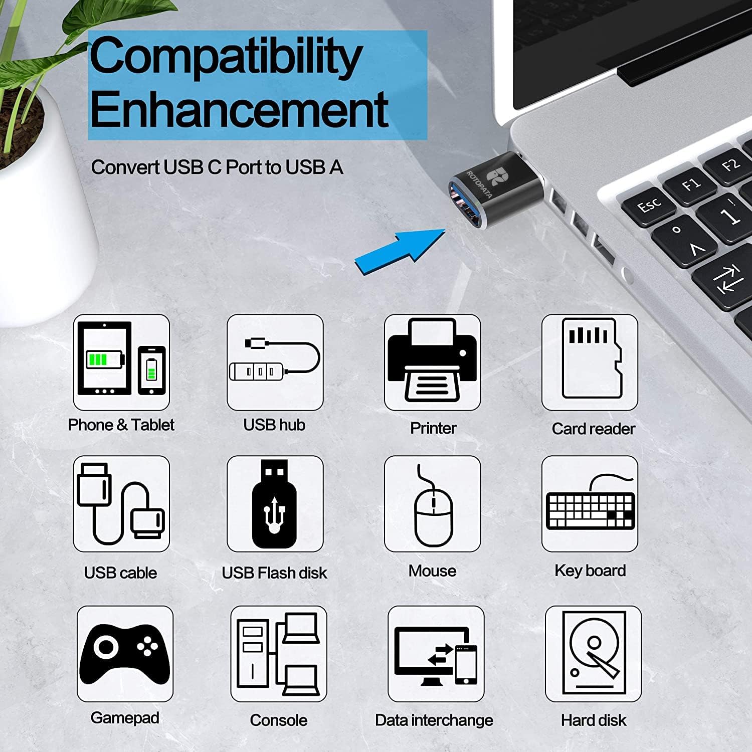 Rotopata 4 Pack Usb To Usb C Adapter, Usb C To Usb 3.0 Female Otg Adapter For Macbook Pro2019, Macbook Air 2020, Ipad Pro 2020 A