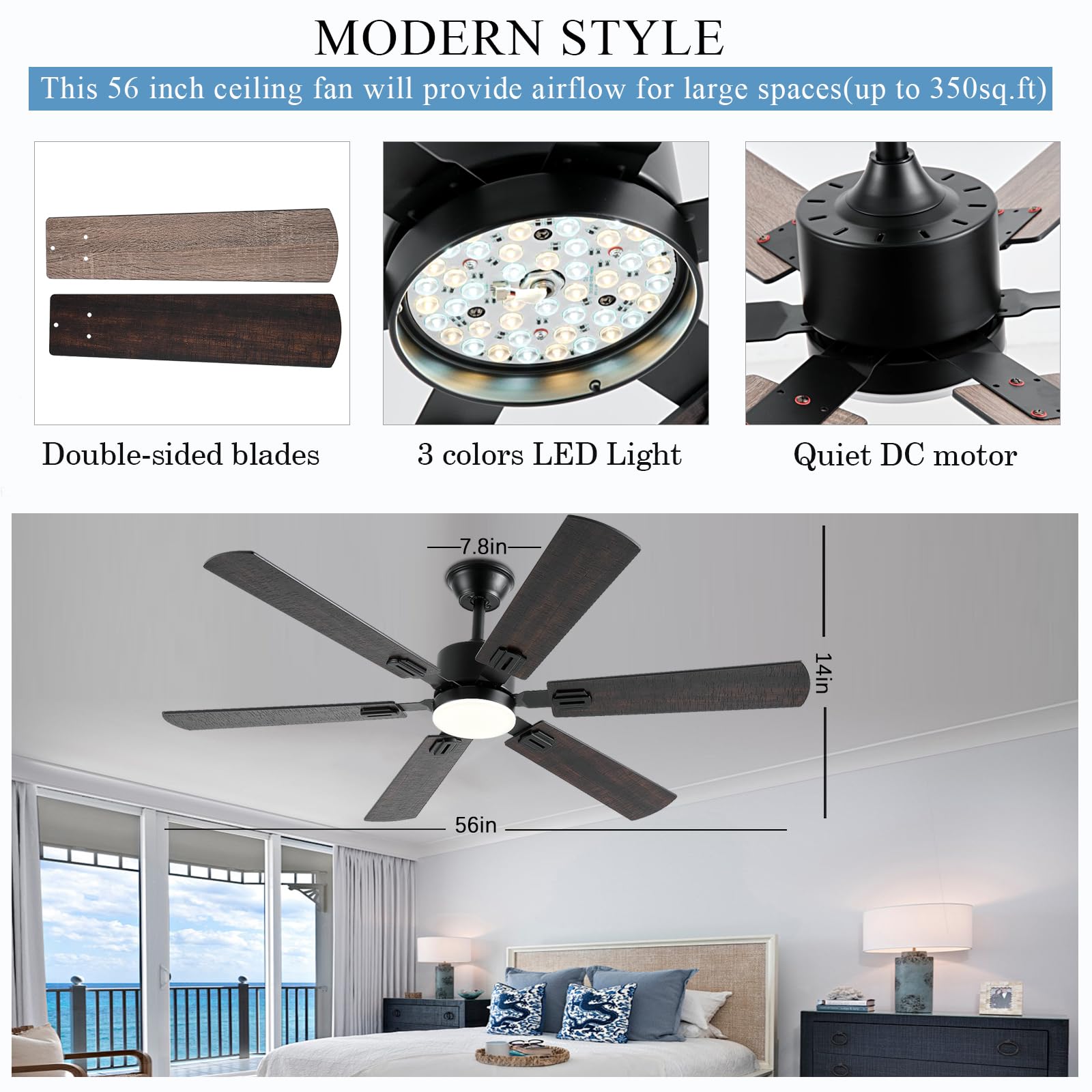 56Inch Ceiling Fans With Lights And Remote/App Control, Dimmable Led, Reversible Dc Motor, Noiseless, 6 Double Side Blades, Mode
