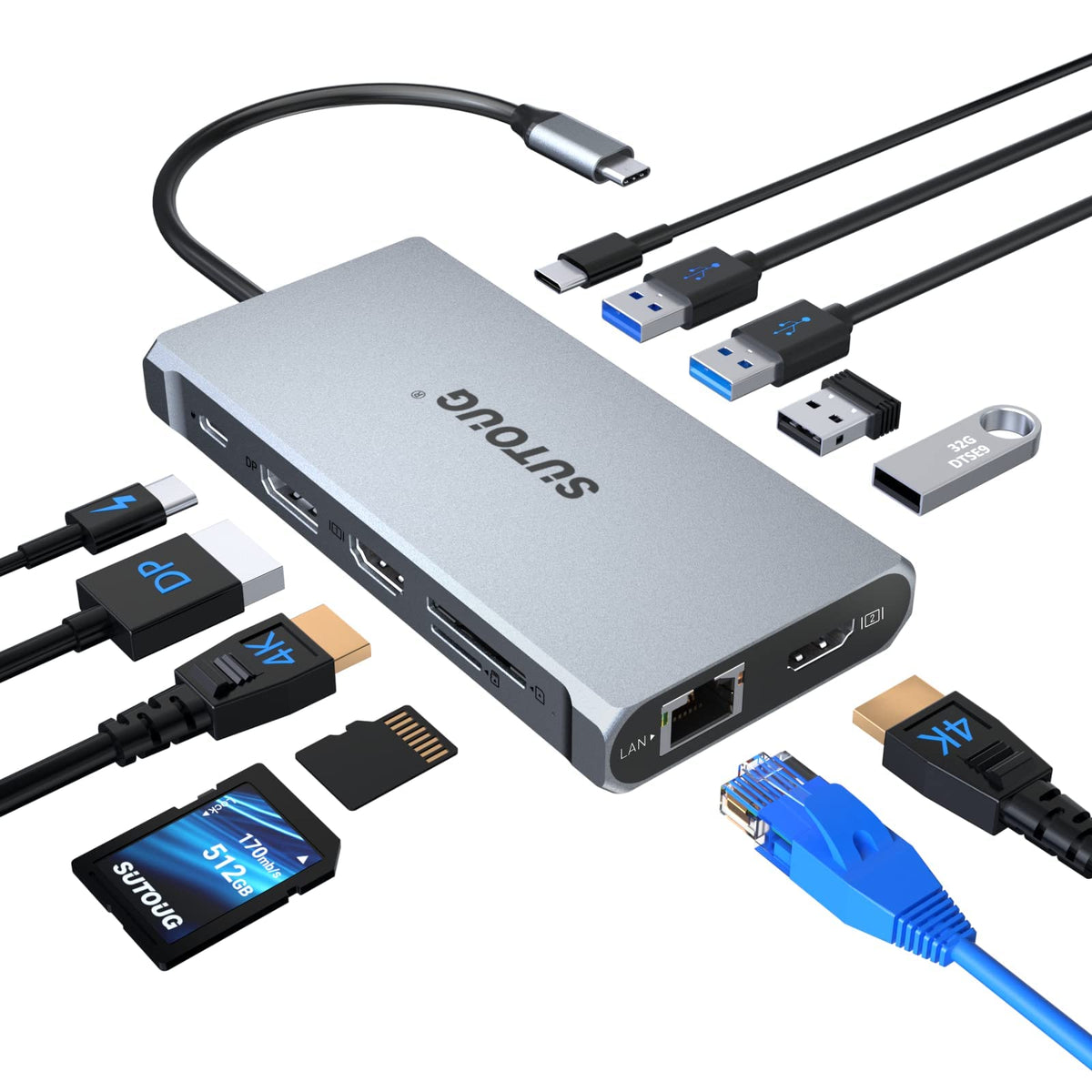 Sutoug 12 In 1 Usb C Hub, Docking Station, Triple Displays Laptop Docking Station For Macbook Pro And Windows(2 Hdmi, Dp, 100W P