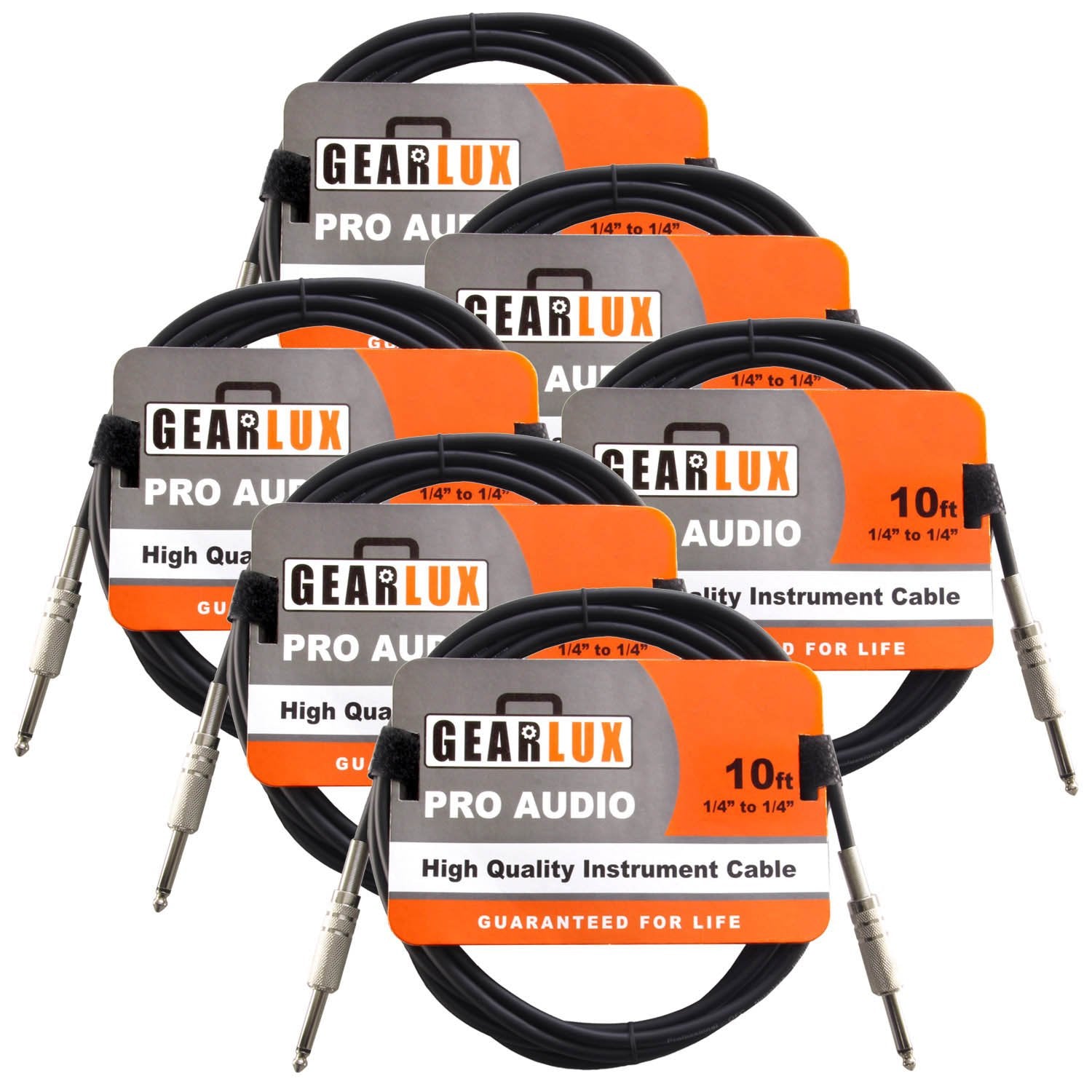 Gearlux Instrument/Guitar Cable, Black, 10 Foot   6 Pack