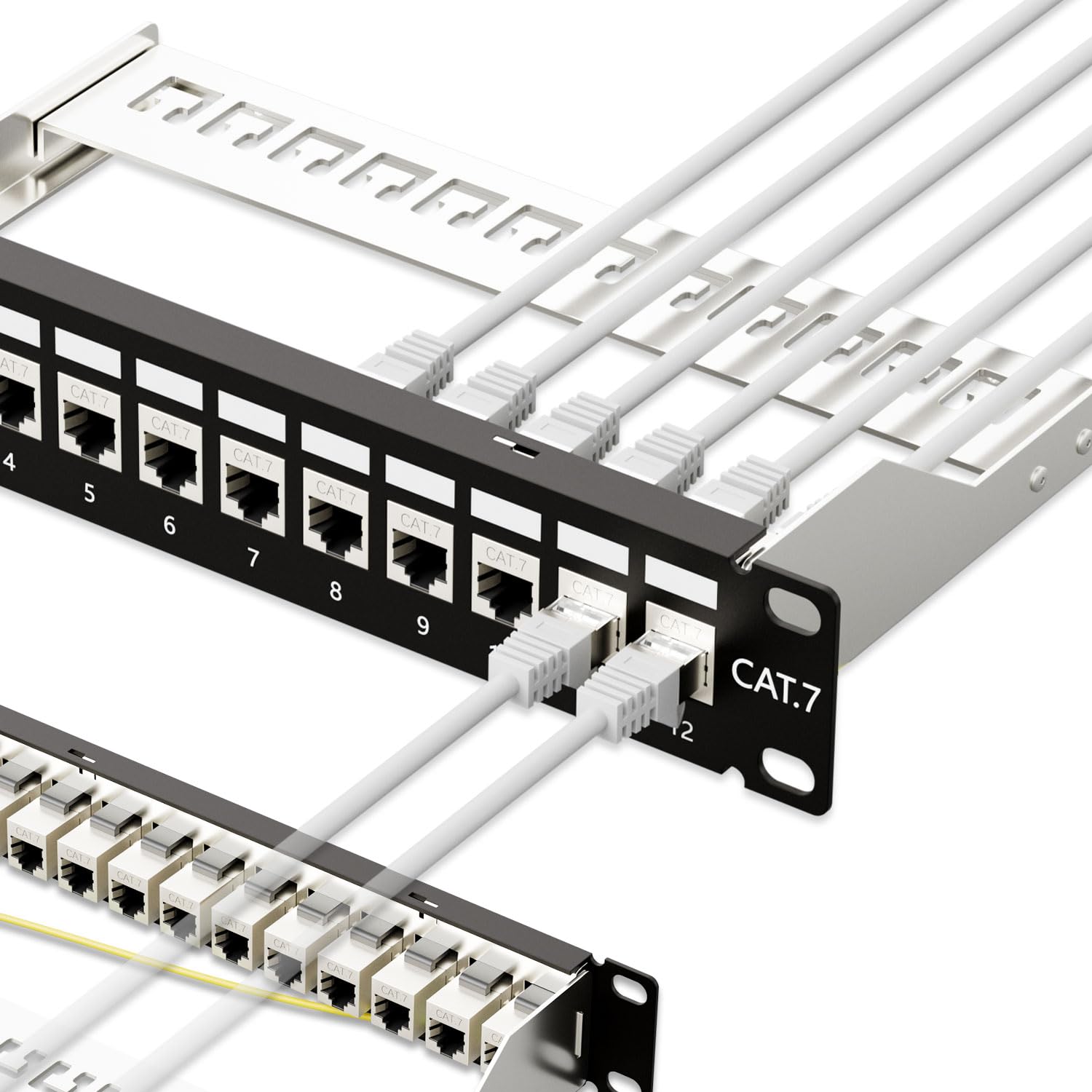 Iwillink 10Gbps Patch Panel 12 Port, Rj45 Through Coupler Cat7 Patch Panel Stp Shielded With Back Bar, 10'' Wallmount Or Rackmou