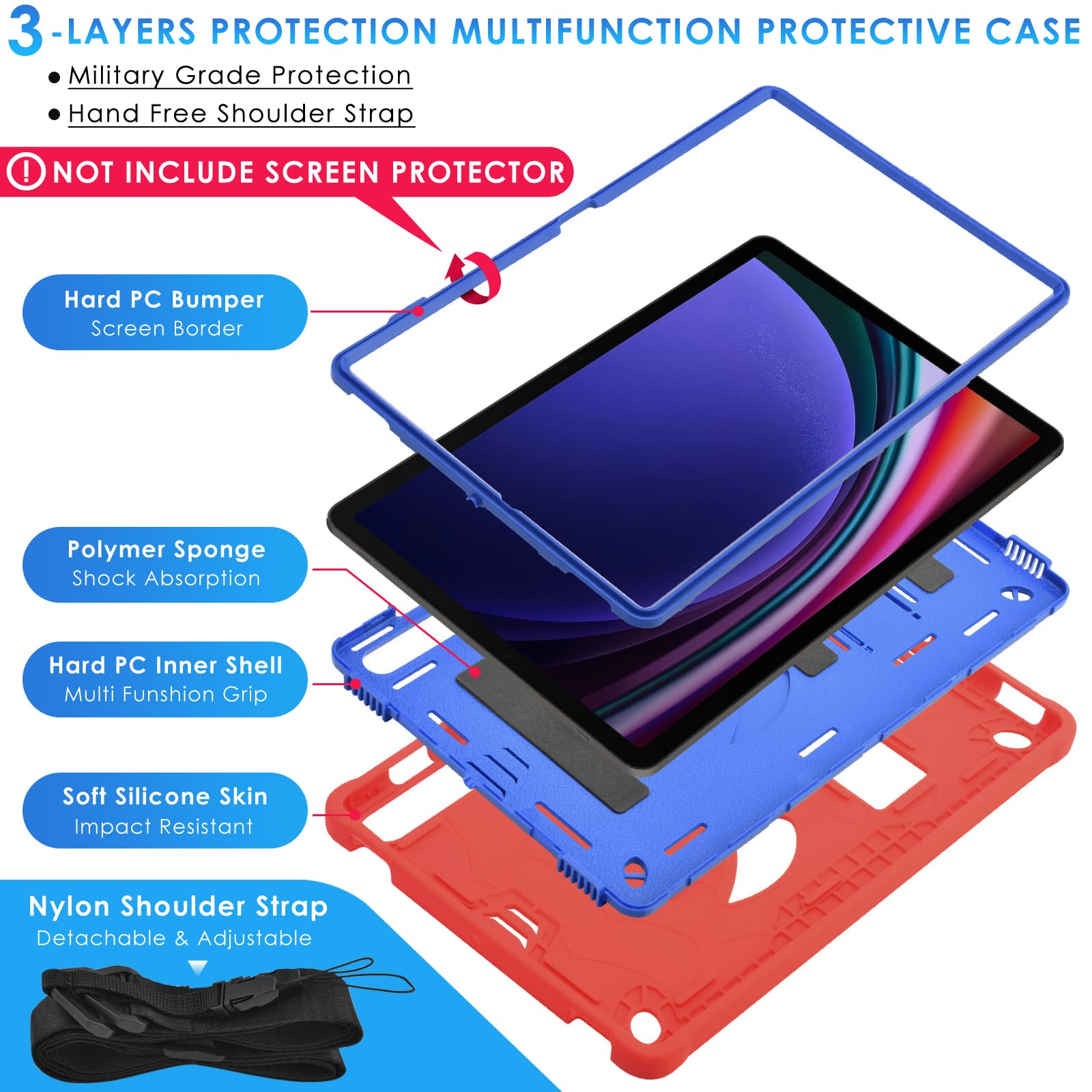 Detuosi Kids Case For Samsung Galaxy Tab S9 Plus/ S9 Fe Plus 5G Lte/Wifi 12.4'' 2023 Tablet With S Pen Holder + Shoulder Strap,3