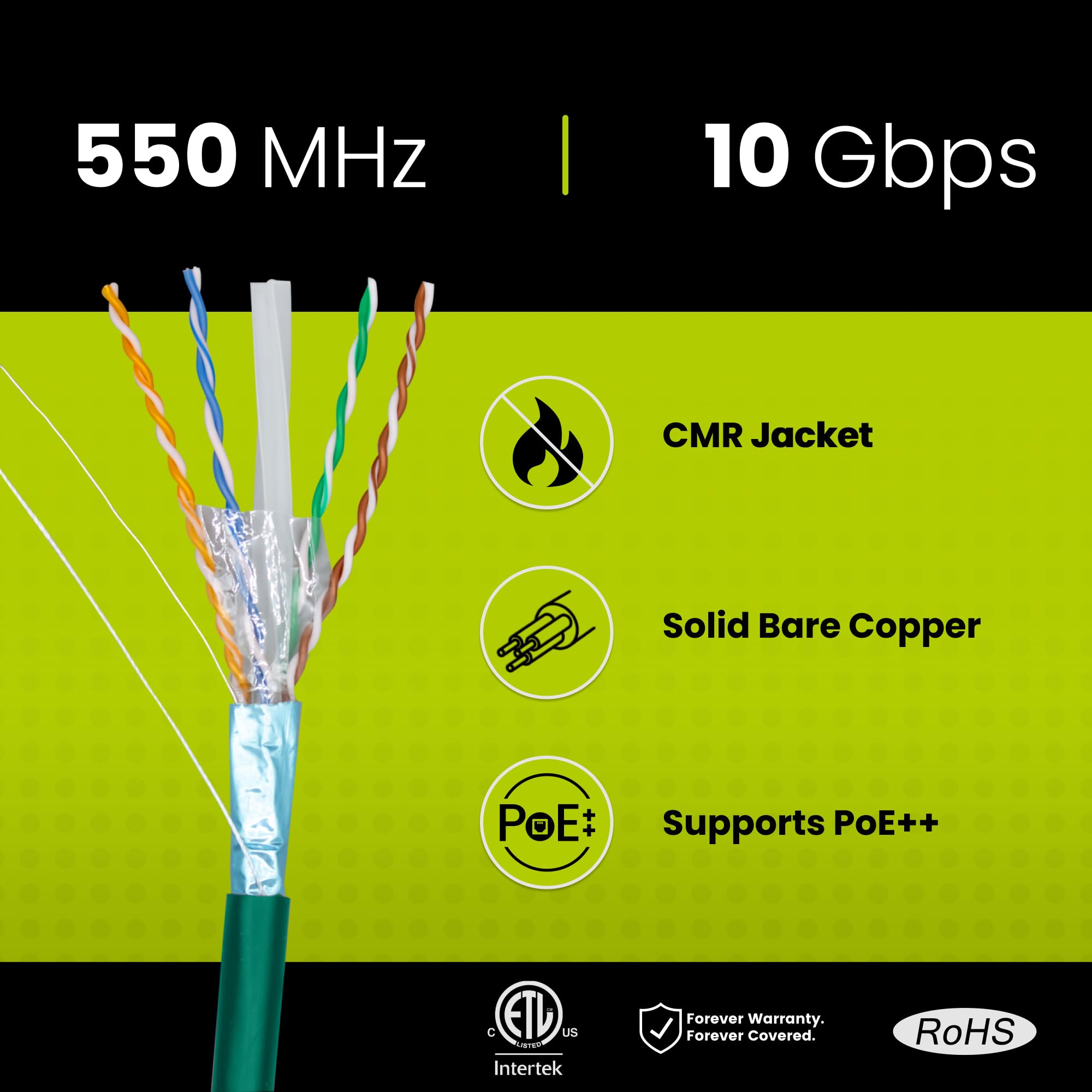 True Cable Cat6 Shielded Riser (Cmr) Bulk Ethernet Cable, 1000Ft, Green, 23Awg Solid Bare Copper, 550Mhz, Overall Aluminum Foil