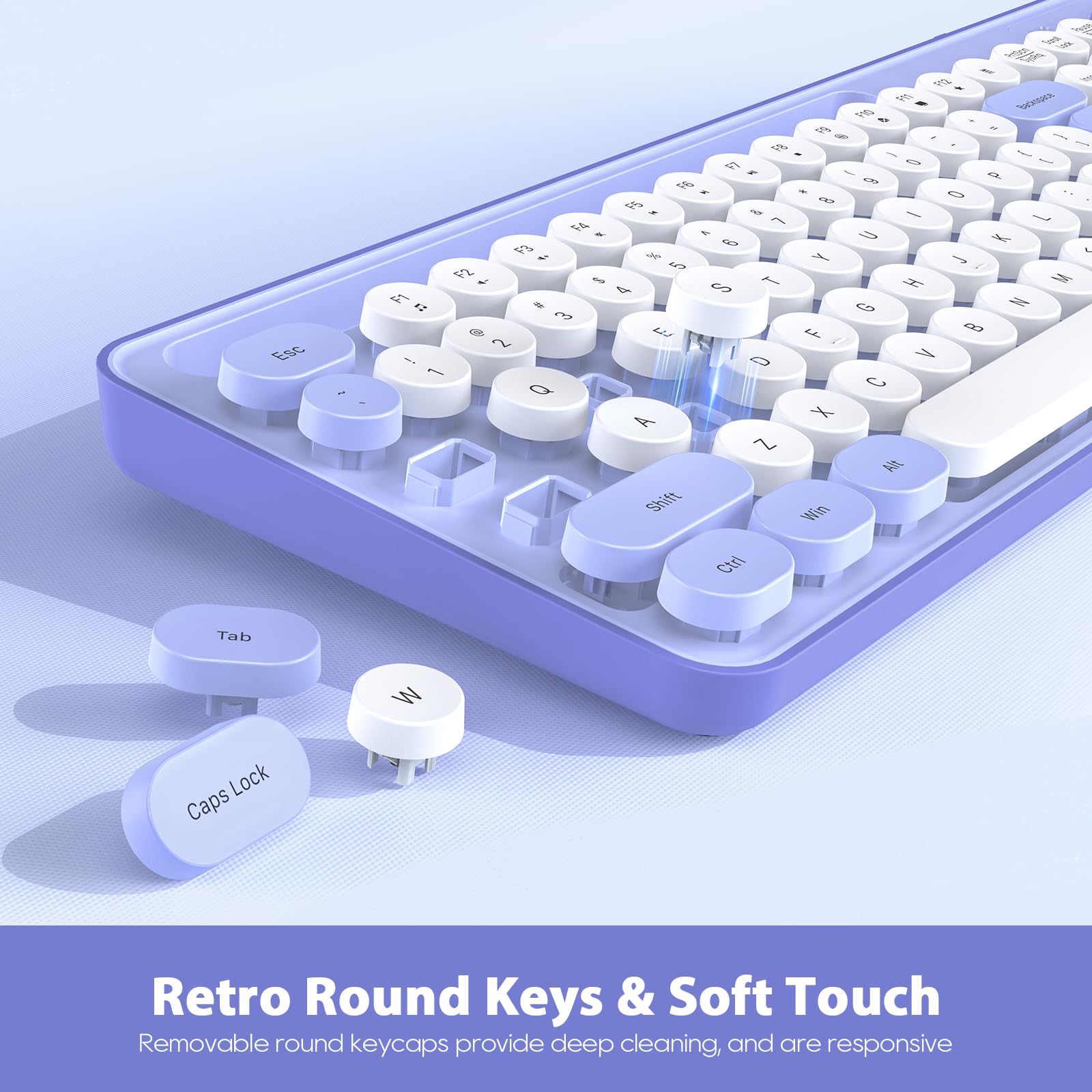 Wireless Keyboard And Mouse Combo, Retro Round Keycaps, Cute Full Size Typewriter Keyboard With Phone Holder, Sleep Mode, Click