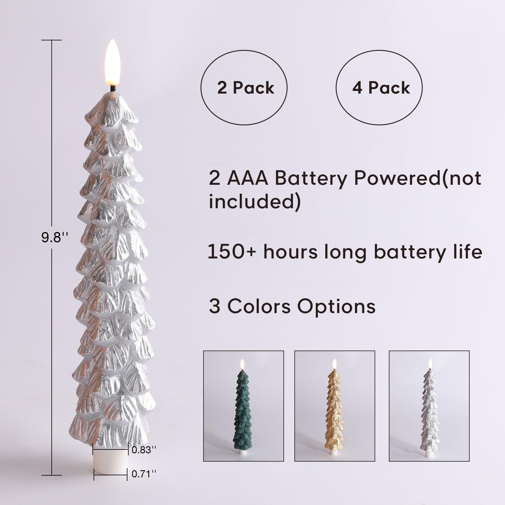 Eywamage Silver Christmas Tree Candles With Remote, Real Wax Flickering Flameless Led Taper Candles Set Of 4