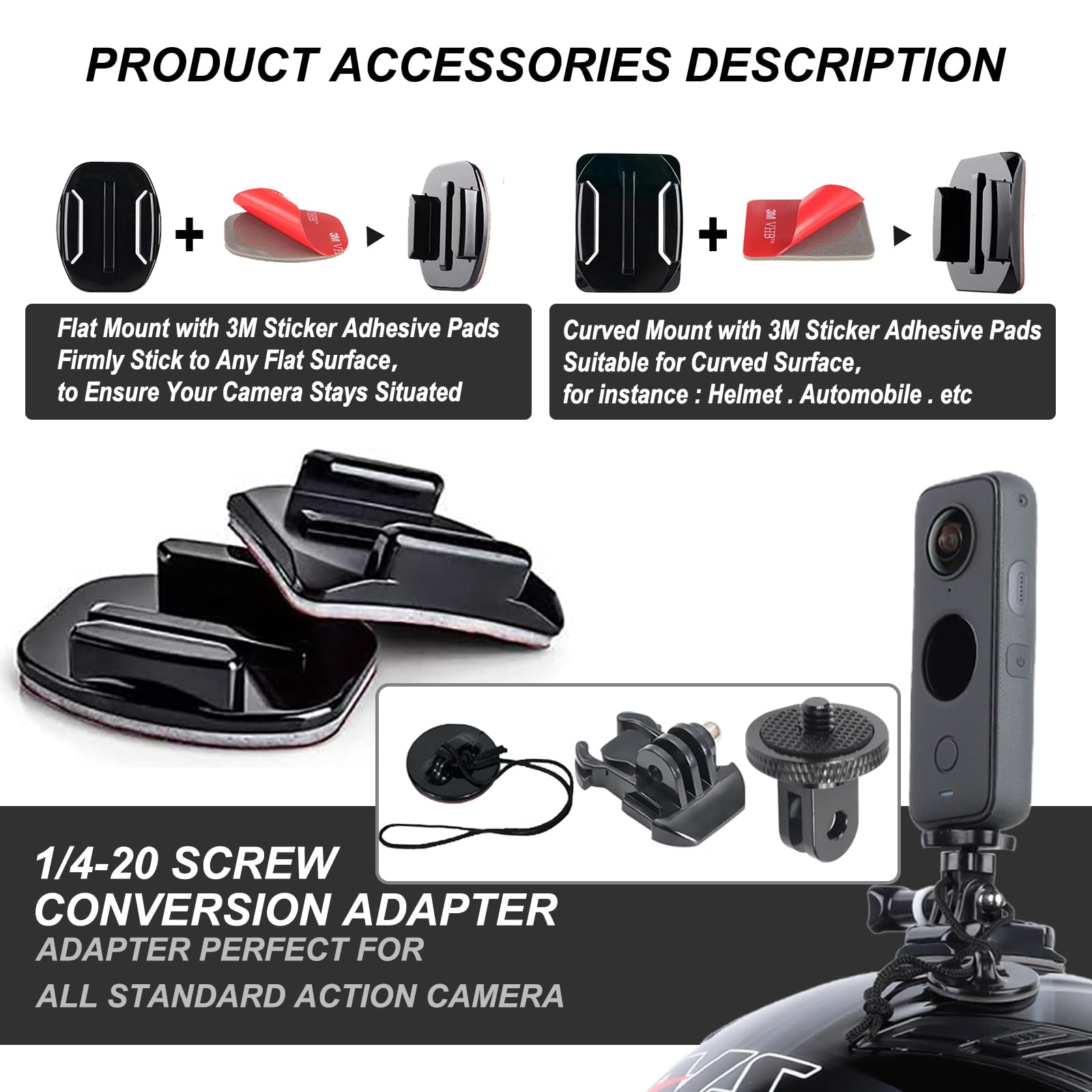 Sruim Universal Helmet Adhesive Sticky Mount For Action Cameras, Includes 4 Curved/Flat Mounts, 2 Anchors, 2 Base Mounts, 2 Trip