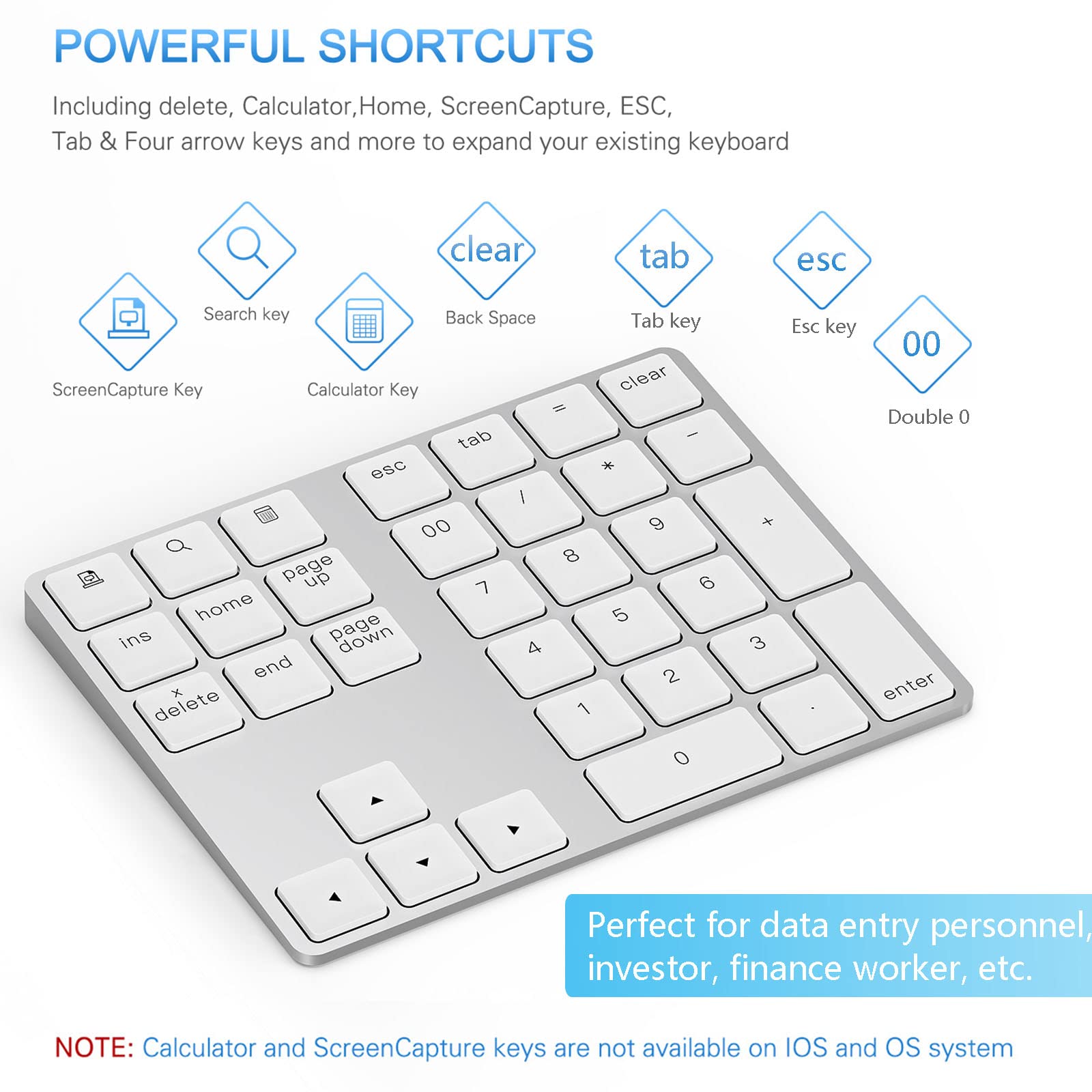 Lekvey Bluetooth Number Pad, Aluminum Rechargeable Wireless Numeric Keypad Slim 34 Keys External Numpad Keyboard Data Entry For Laptop, Macbook, Macbook Air/Pro, Imac, Windows, Surface Pro   Silver