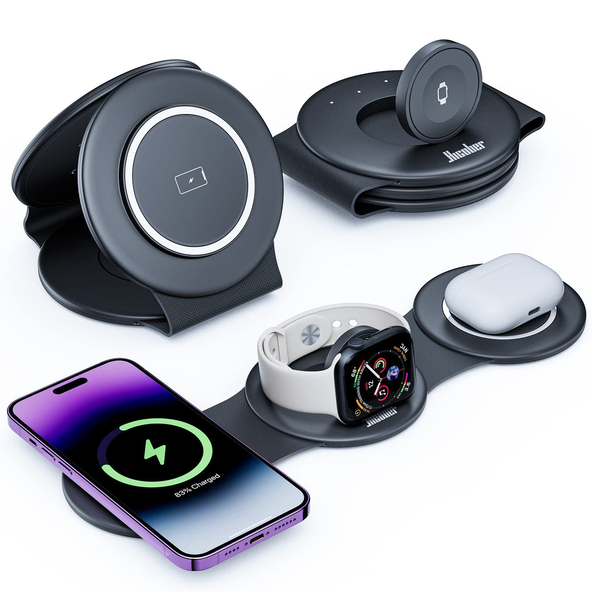 Travel 3 In 1 Charging Station For Apple Magsafe Charger, Hicober Foldable Wireless Charger Stand Compatible For Iphone Multiple