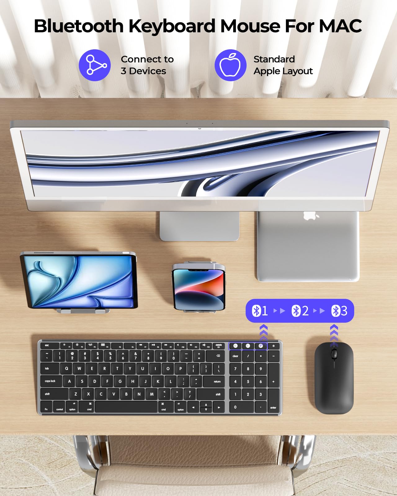 Wireless Bluetooth Keyboard And Mouse For Mac, Multi Device Rechargeable Slim Keyboard And Mouse Stainless Steel Full Size, Compatible With Macbook Pro/Air, Ipad, Imac   Space Gray