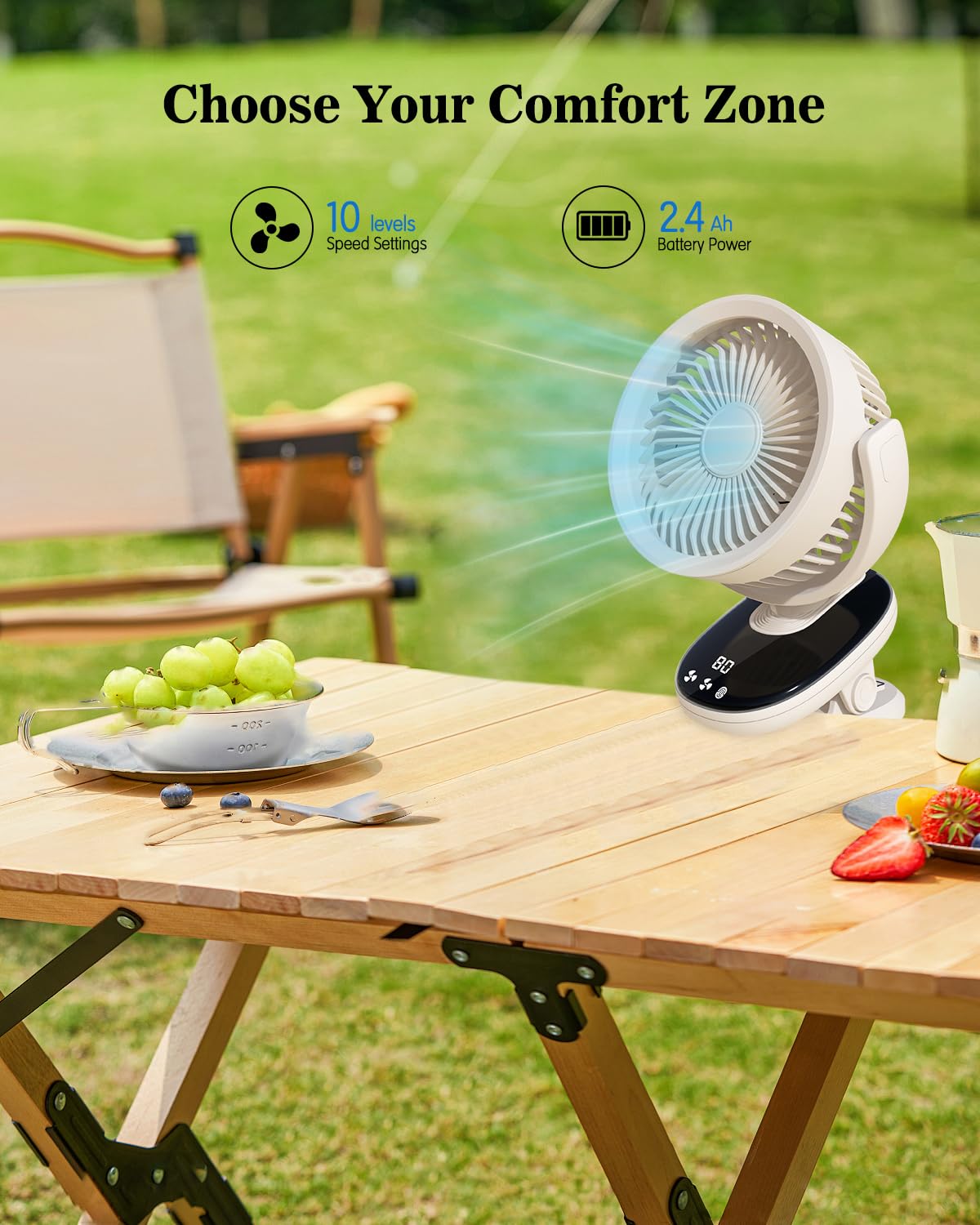 Duilog Portable Clip On Fan Rechargeable, 10 Speeds Usb Fan, 2400Mah Battery Operated Desk Fan, Strong Airflow Sturdy Clamp For