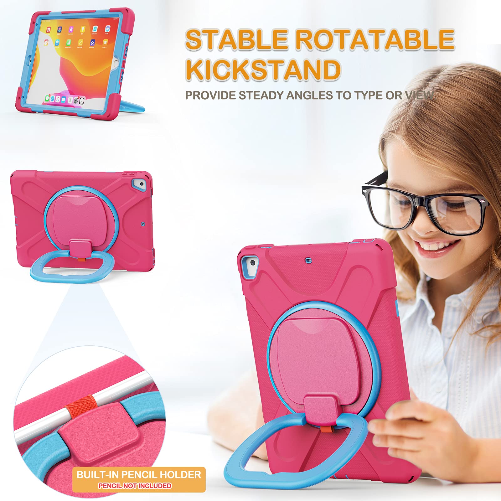 Braecn Case For Ipad 6Th/5Th Generation W/Pencil Holder, 360 Degree Multi Function Grip, Stable Kickstand, Carrying Strap, 3 Lay