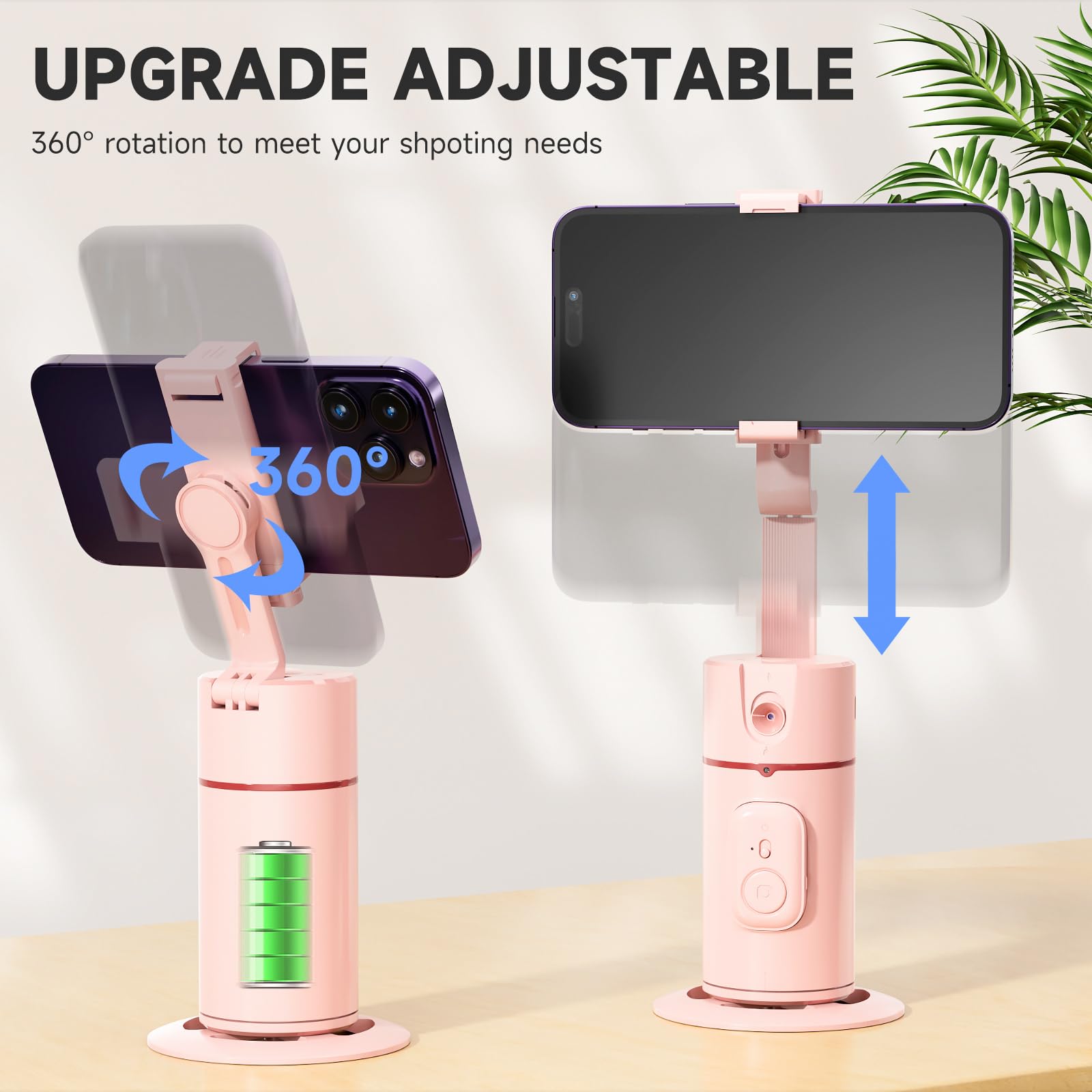 DELTAHVAC Auto Face Tracking Tripod - 360° Rotation Phone Holder with Remote & Gesture Control, Rechargeable, Pink Regular