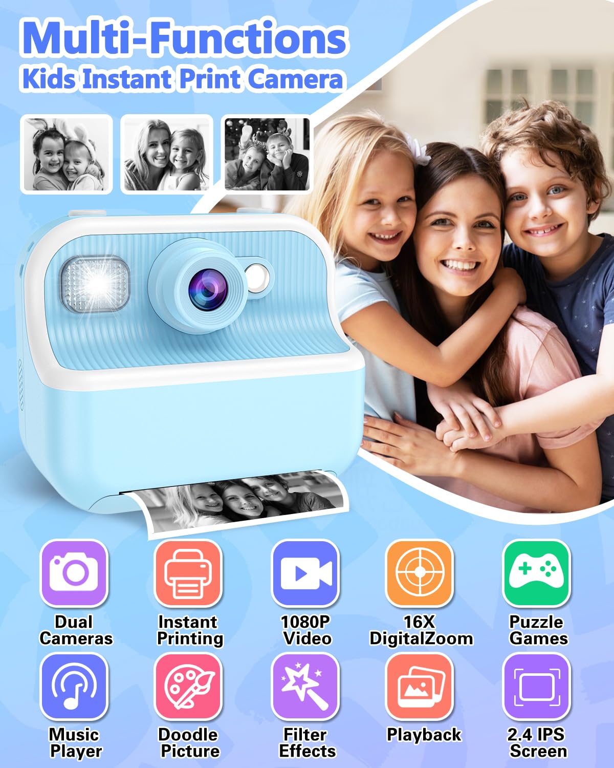 Kids Camera Instant Print, Christmas Birthday Gifts For Kids Age 3 12, Hd Camera For Kids With Printing Photo Paper, Portable To