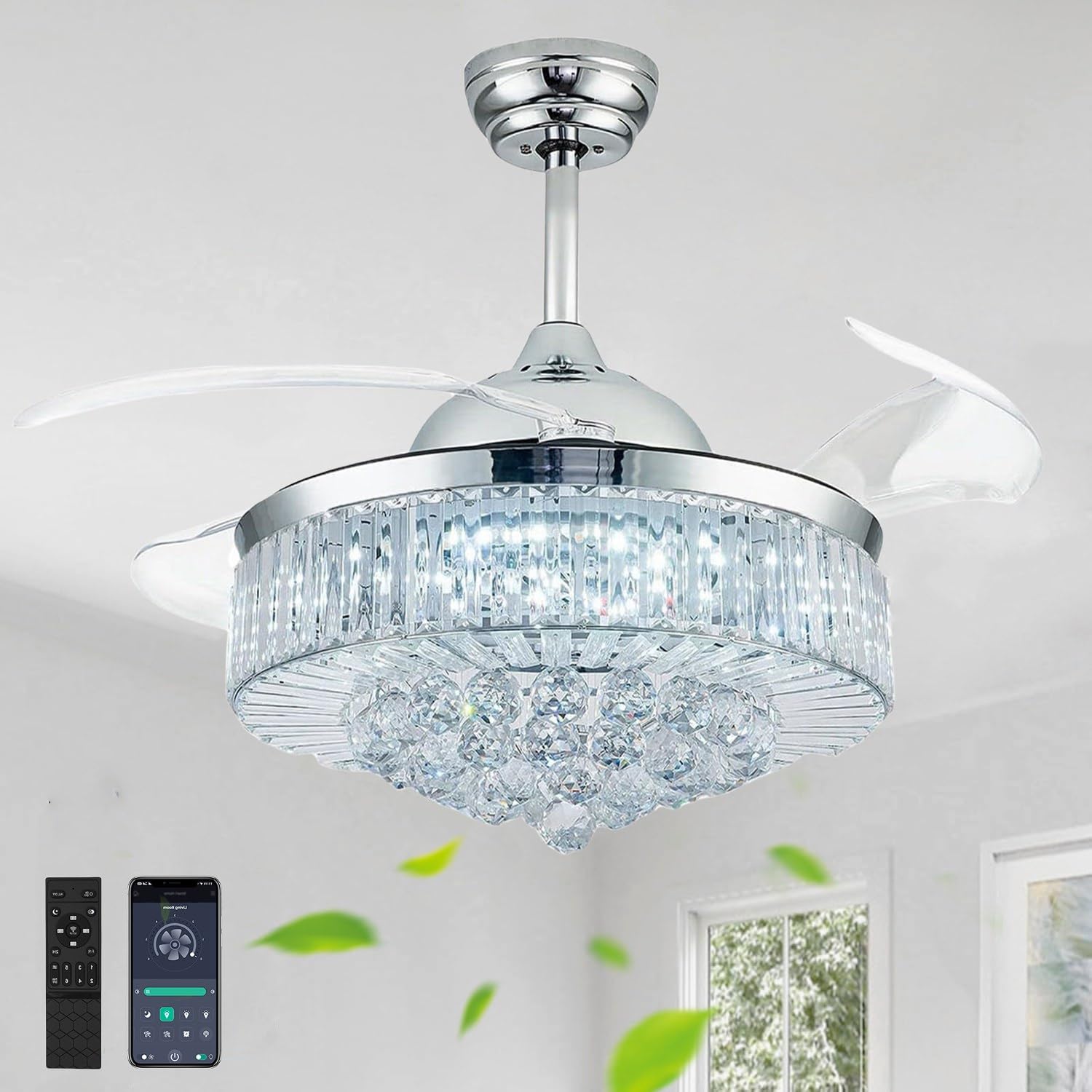 Deliyfans 42 Inch Chandelier Ceiling Fan, Fandelier Ceiling Fan With Light Crystal Ceiling Fan, Fandelier For Bedroom, Living Ro