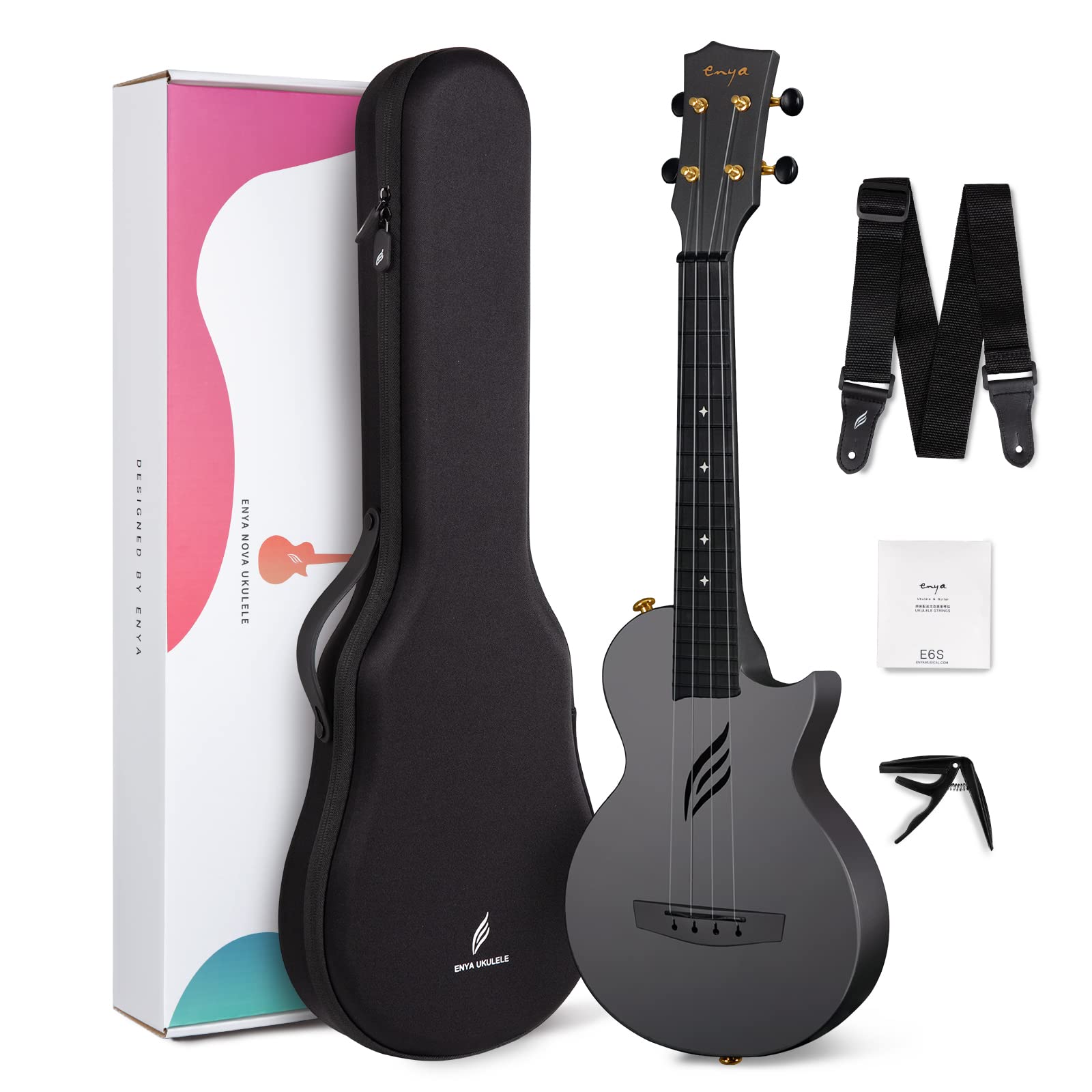 Enya Concert Ukulele Nova U 23 Carbon Fiber Travel Ukulele With Beginner Kit Includes Online Lessons, Case, Strap, Capo And Stri