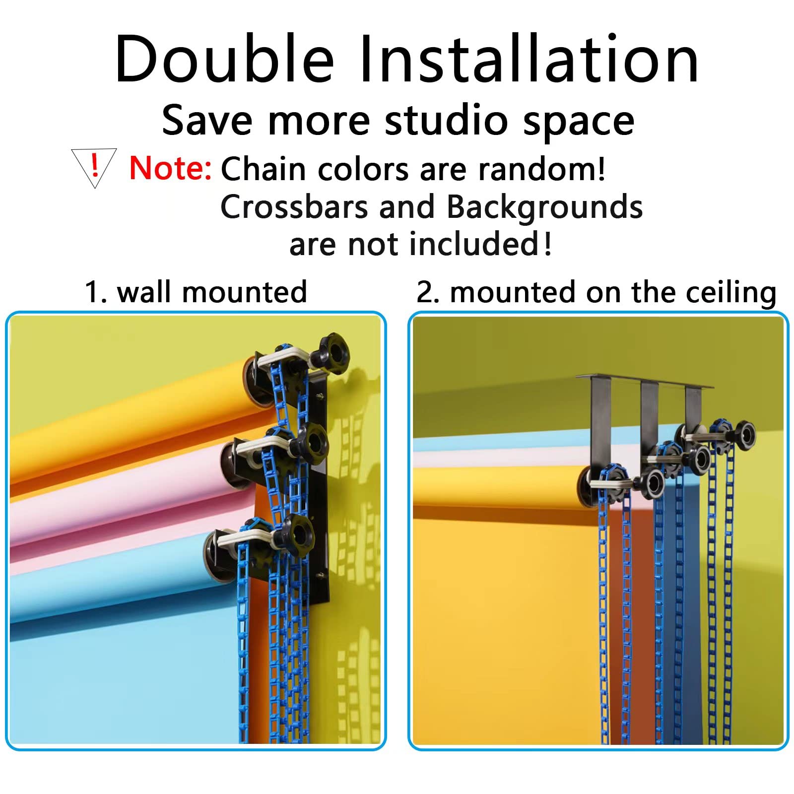 Photography Backdrop Wall Mount 3 Roller Support System, Manual Photo Background Ceiling Holder, Including 2 Tri Fold Hooks, 6 E