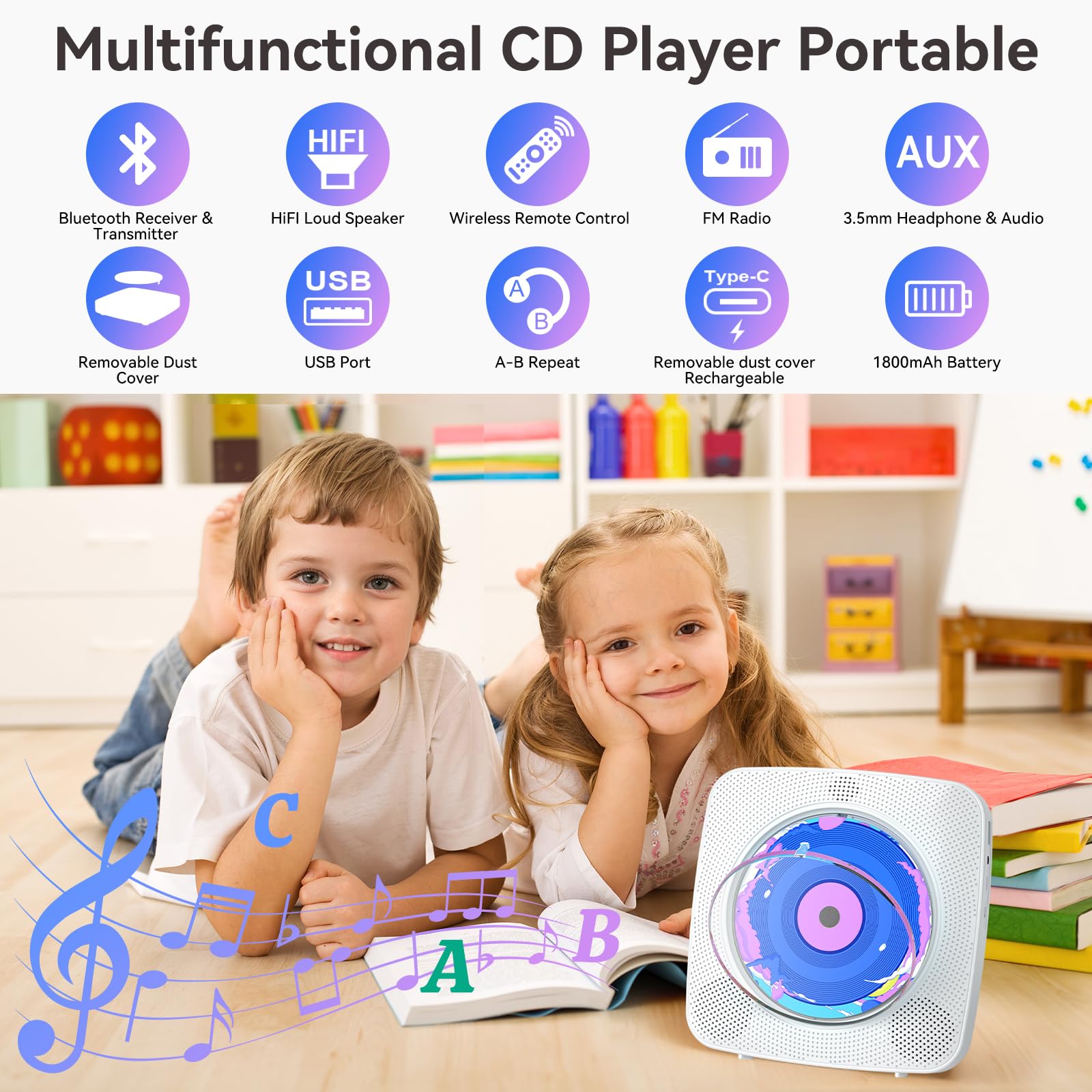 Cd Player Portable Bluetooth Rechargeable: Cd Players For Home With 1800Mah Kegaudio Desktop Wall Cd Player With Speakers Fm Rad