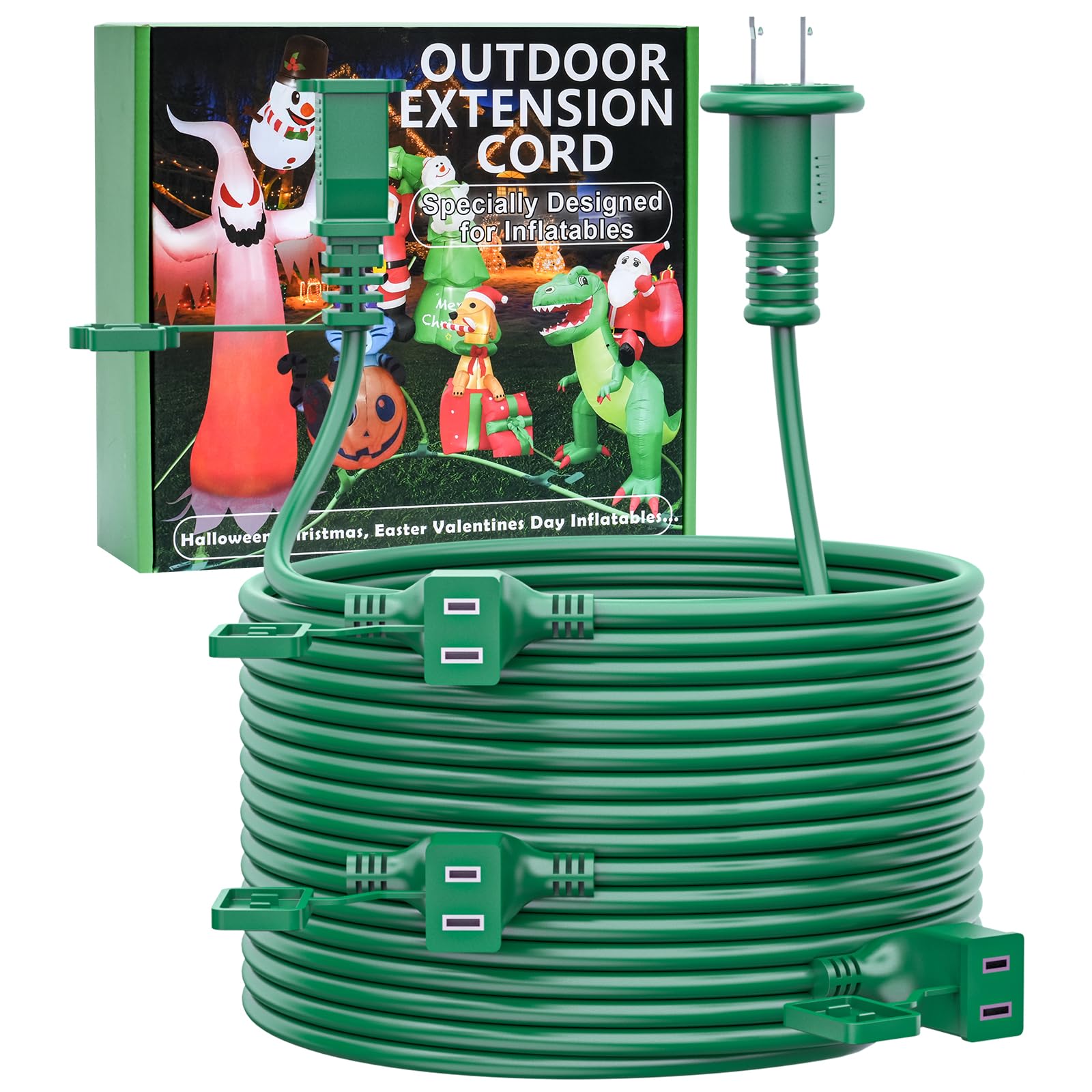 40Ft Outdoor Extension Extension Cord For Halloween Christmas Inflatables With Multiple Outlets Green Electrical Cord With Multi