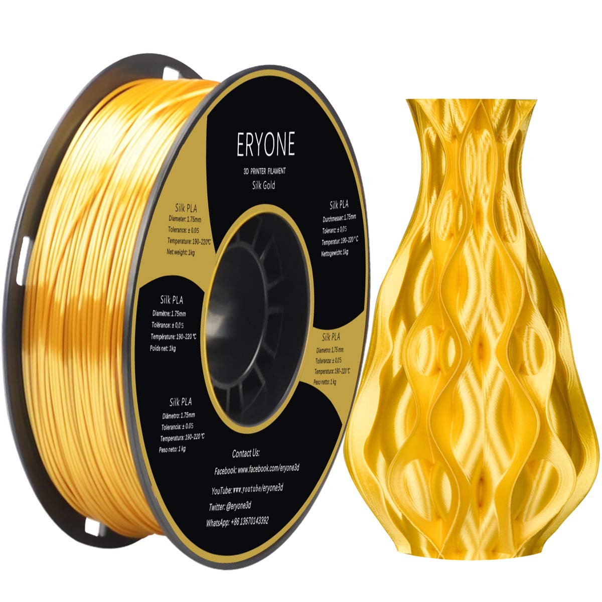 Eryone Silk Pla Filament For 3D Printer, 1.75Mm,  0.03Mm, 1Kg (2.1Lbs)/Spool, Silk Glod