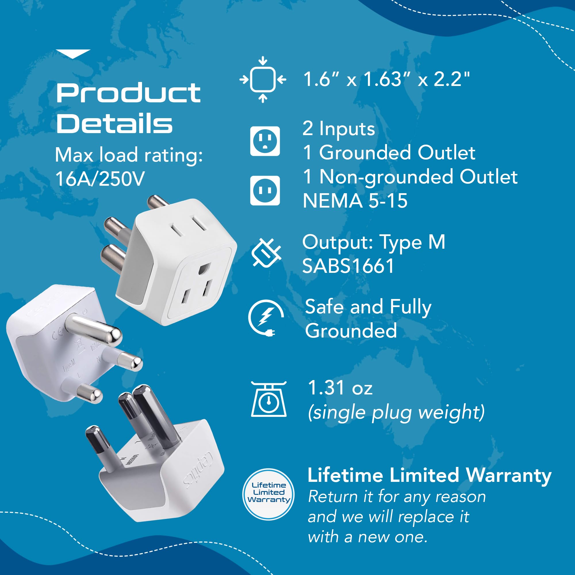 Ceptics South Africa, Namibia Travel Adapter Plug With Dual Usa Input - Type M - Ultra Compact - Safe Grounded Perfect For Cell