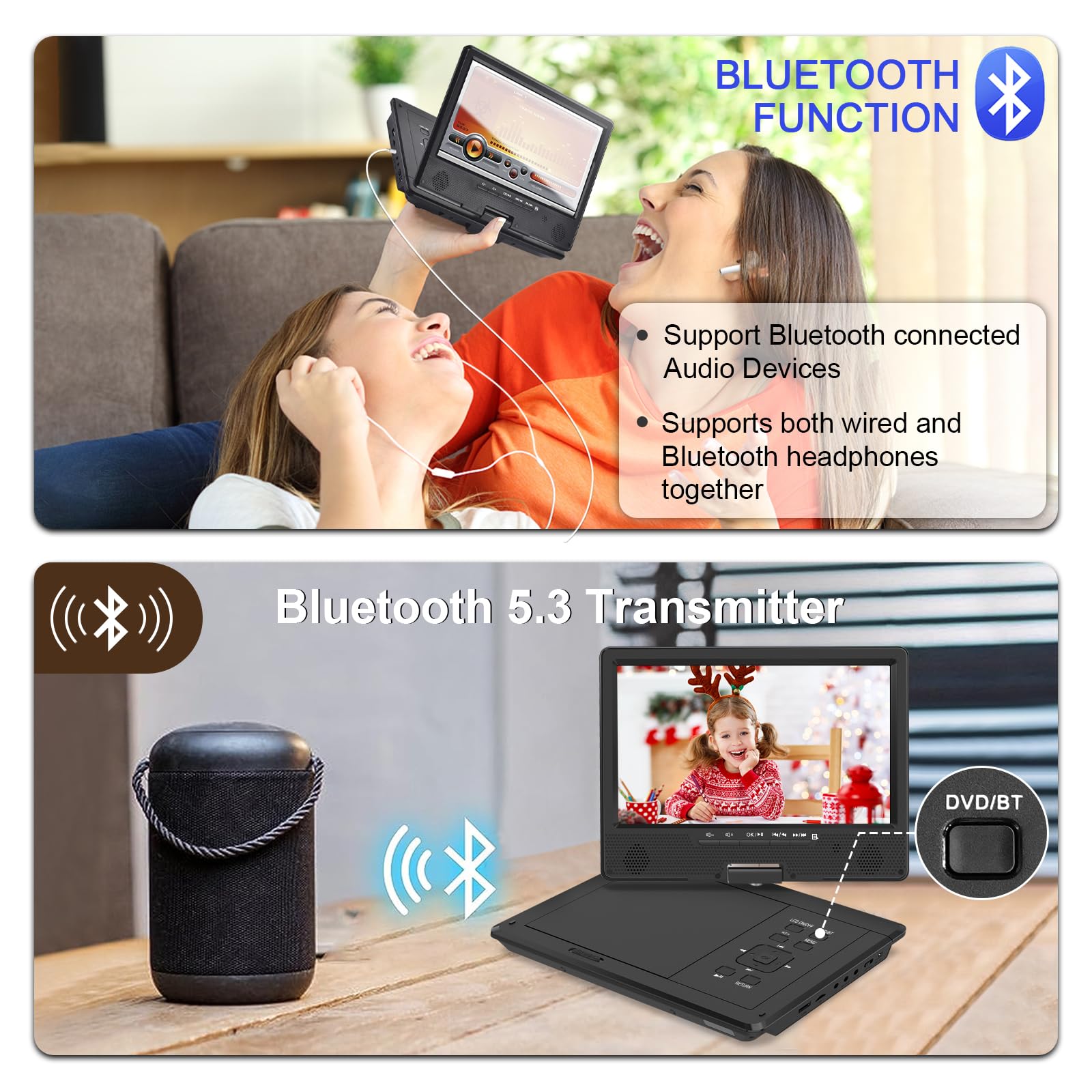 12.5'' Portable Dvd Player, Bluetooth Headrest Video Players With 10.1'' Swivel Screen, 5 Hours Rechargeable Battery, Dvd Player