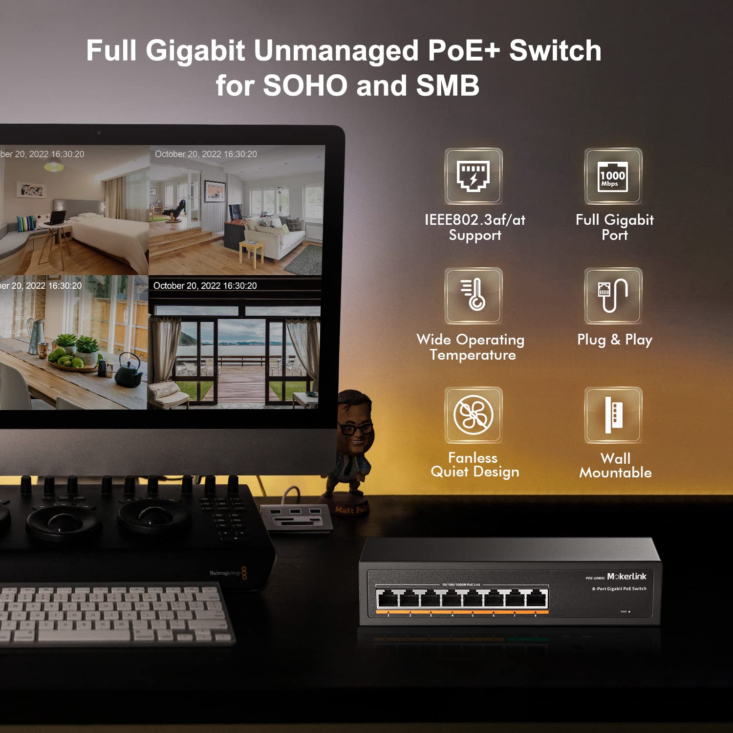 Mokerlink 8 Port Gigabit Poe Switch, 8 Poe+ Ports 1000Mbps, 802.3Af/At 120W, Metal Fanless Unmanaged Plug And Play