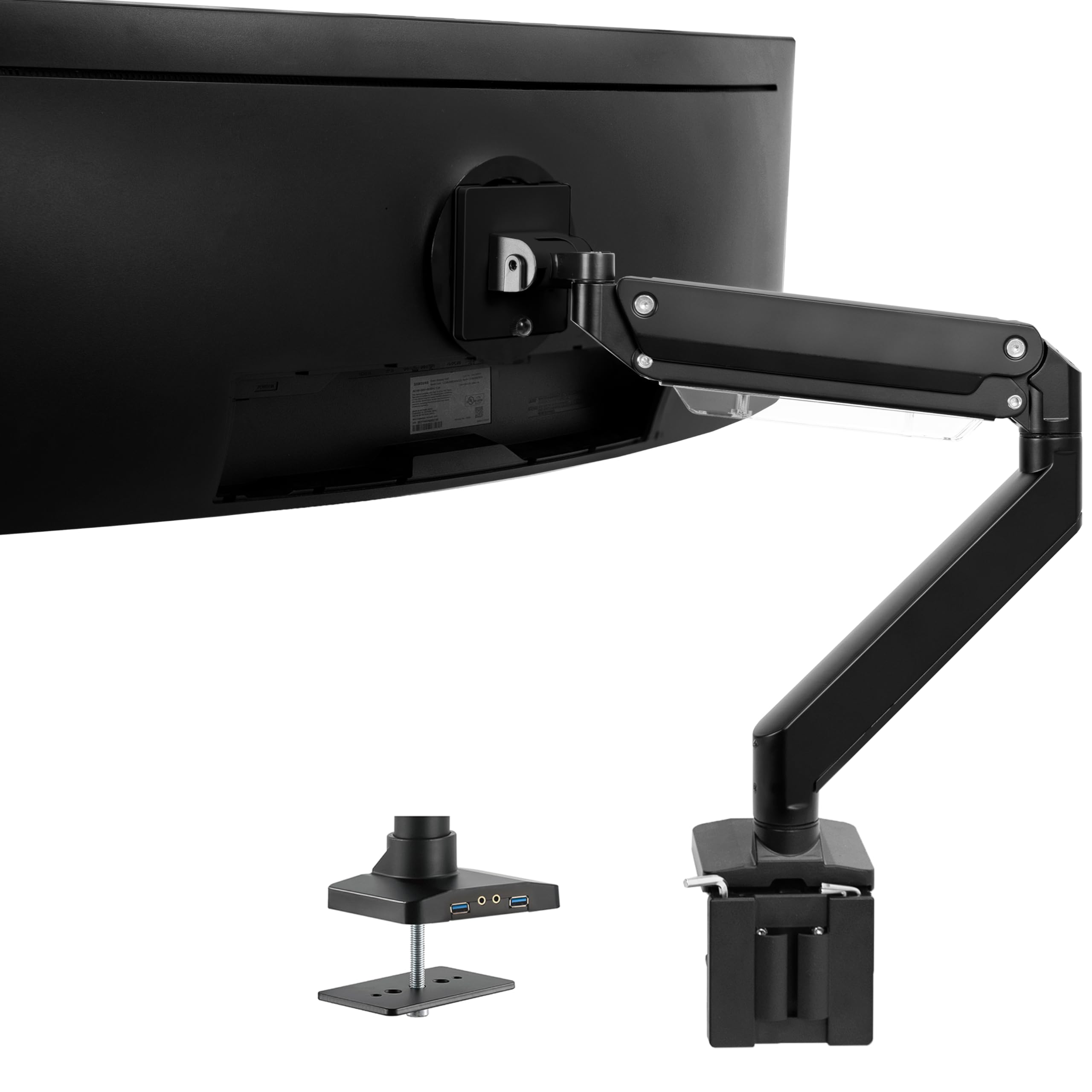 VIVO Premium Aluminum Heavy Duty Monitor Arm with 3.0 USB Ports, Fits Ultrawide Monitors up to 49 inches and 33 lbs, Single Desk Mount Stand, Pneumatic Height, Max VESA 100x100, Black, STAND V101G1U