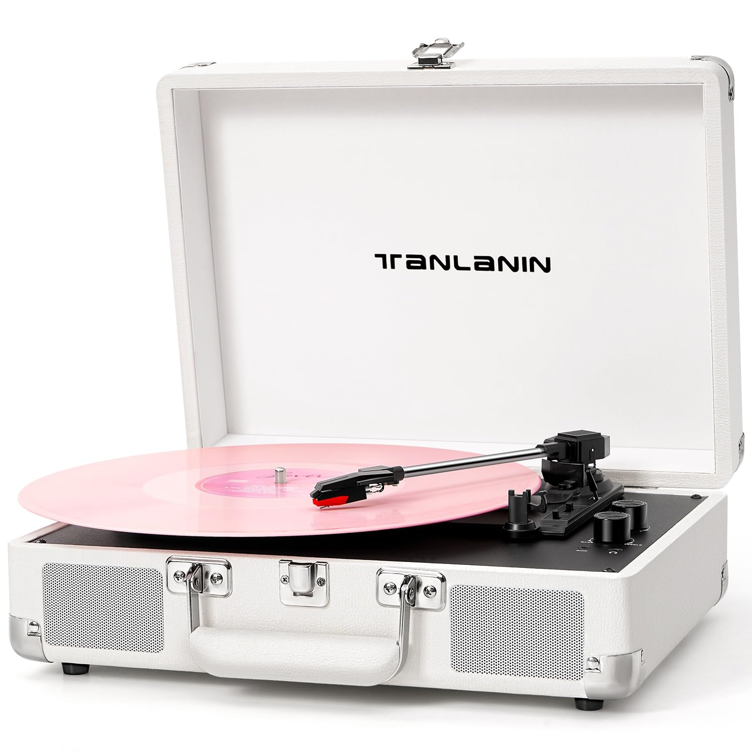 Record Player with Built-in Stereo Speakers 3-Speed Bluetooth Portable Suitcase Vinyl Record Player Treble & Bass Gain Belt Driv